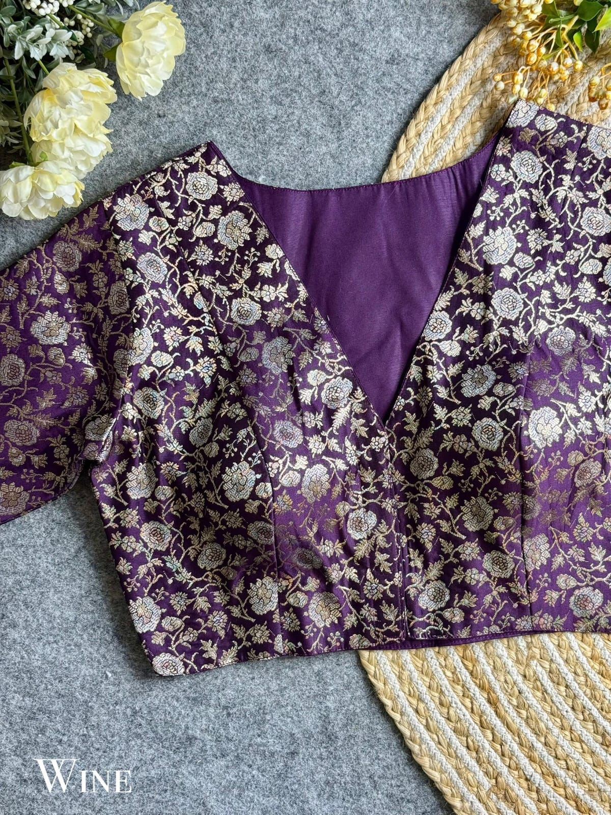 Wine Designer Blouse with V-Neck & Golden Brocade Floral Weave
