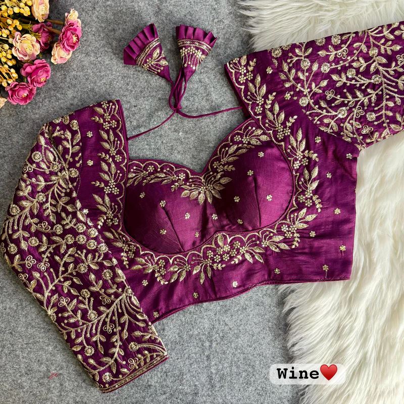 Wine Embroidered Blouse with Puff Sleeves & Zari Work