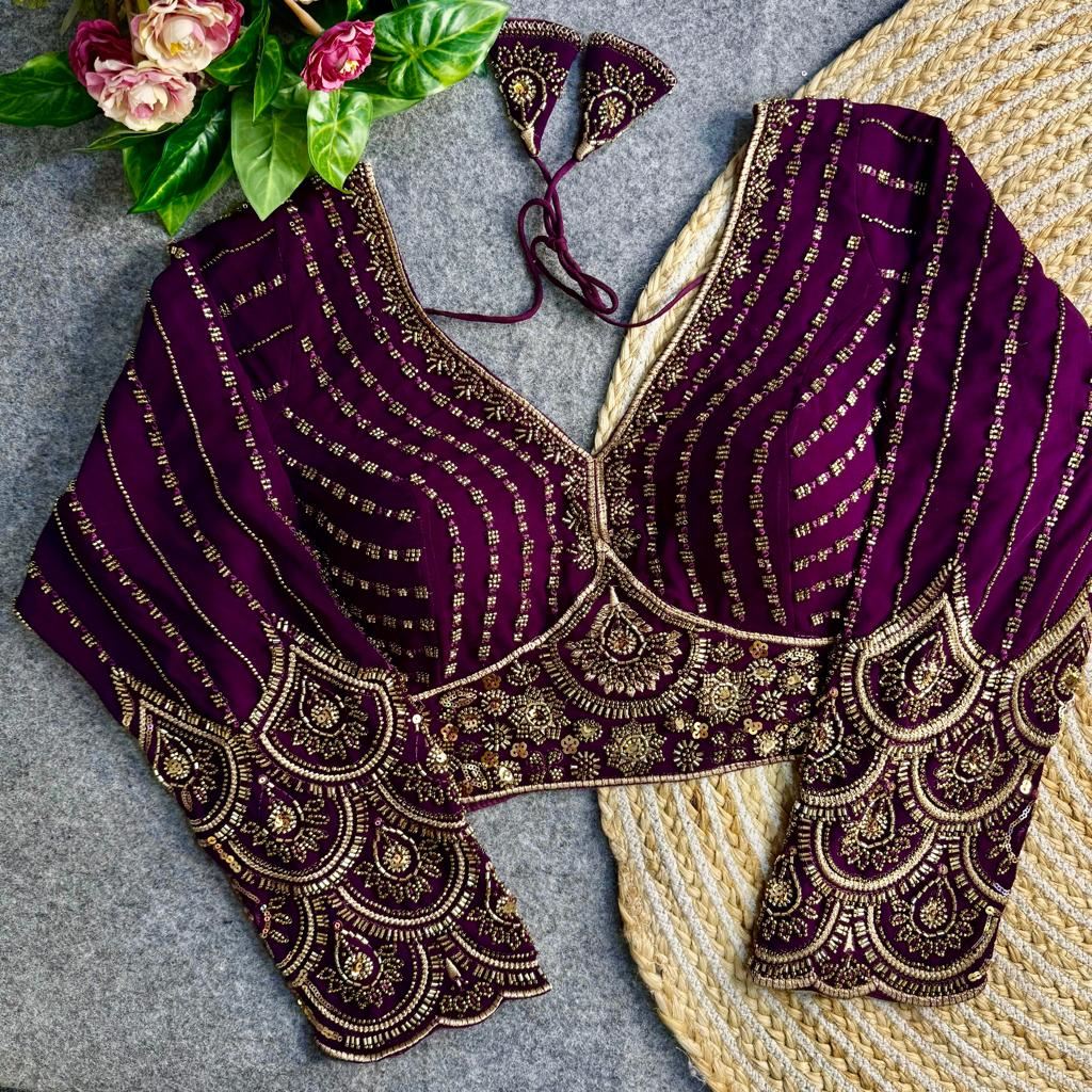 Wine Georgette Blouse with Heavy Thread Embroidery Sequins Work