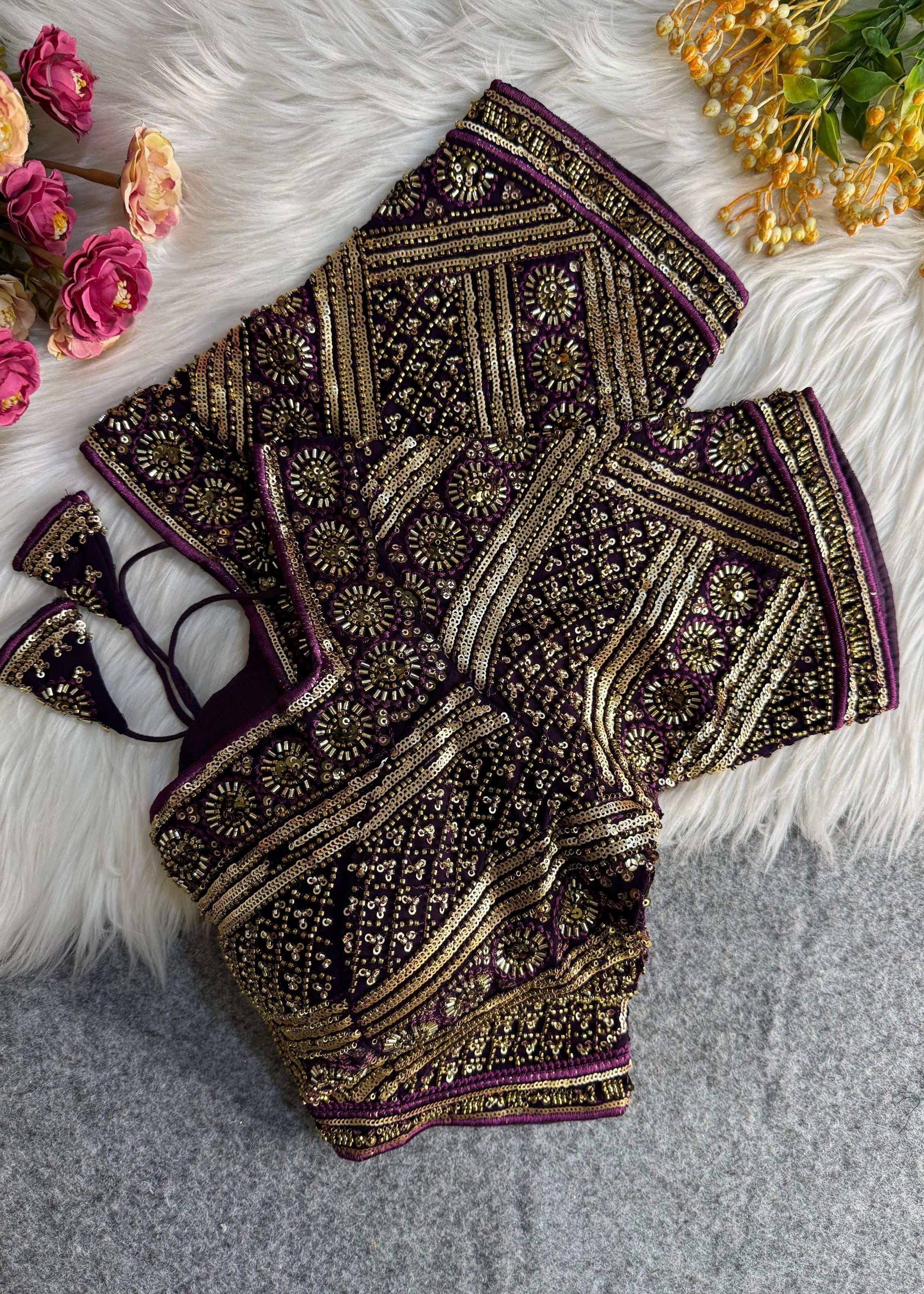 Wine Handcrafted Royal Saree Blouse with Zari & Mirror Work