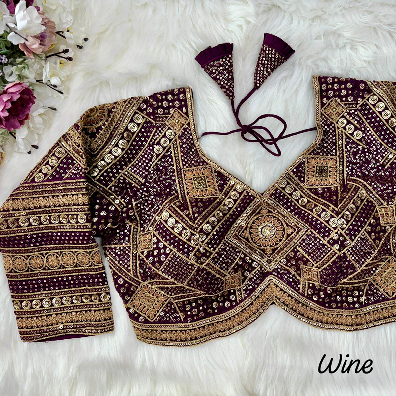 Wine Heavy Bridal Blouse with Long Sleeves & Apple Cut Design