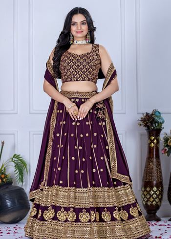 Wine Lehenga Choli With Embroidery With Thread Sequence Work
