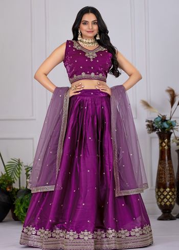 Wine Lehenga Choli With Embroidery With Zari Thread Sequence Work