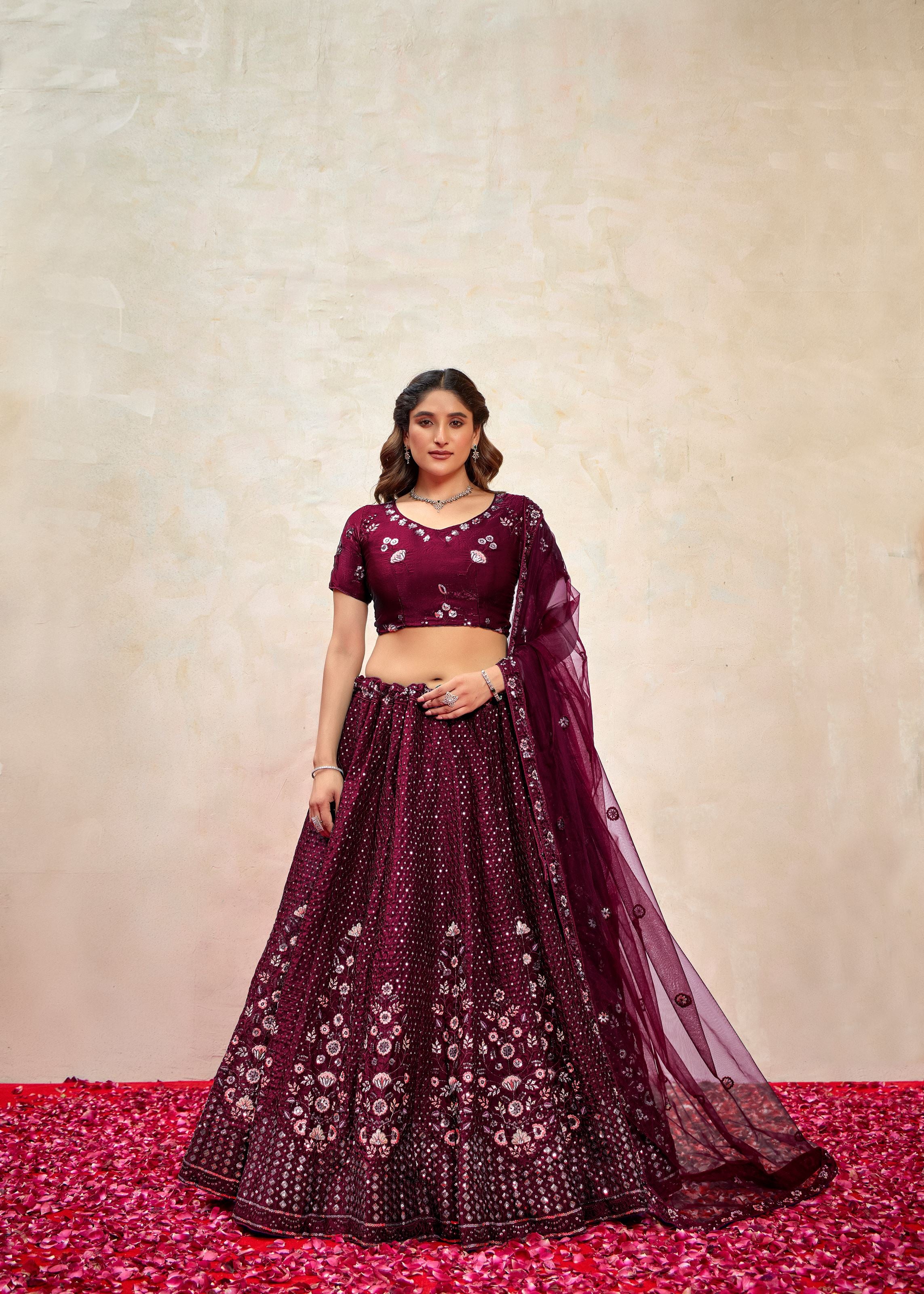 Wine Lehenga Choli With Heavy Sequence Embroidered