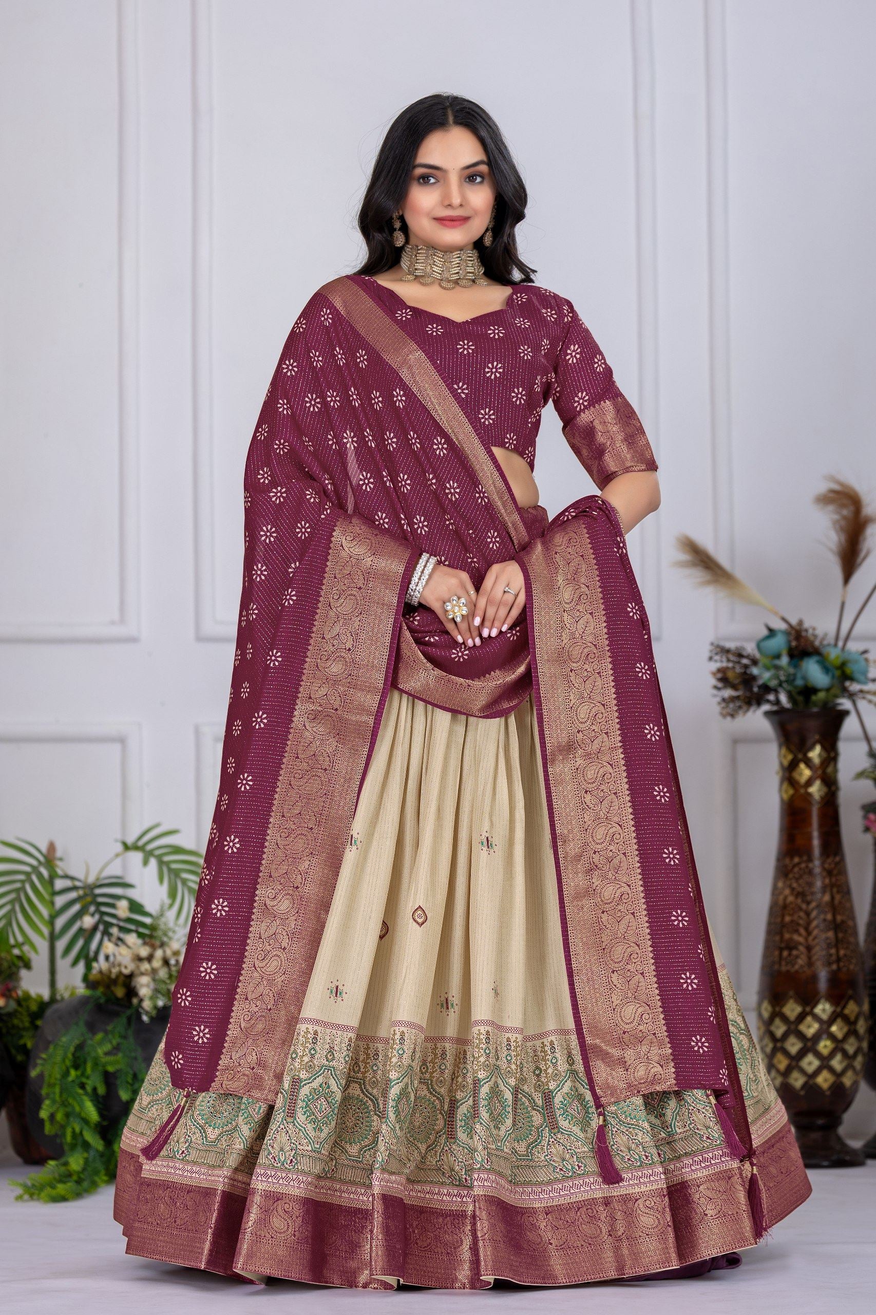 Wine Lehenga Choli With Jacquard With Jari Lining With Print