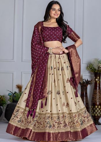 Wine Lehenga Choli With Jacquard With Jari Lining With Print