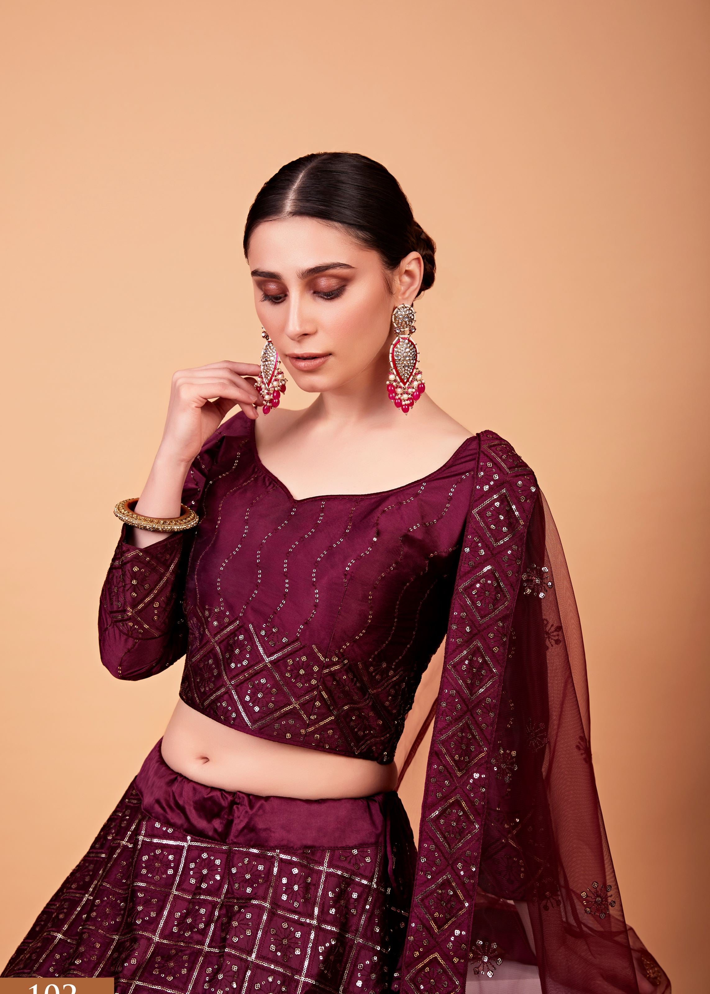 Wine Lehenga Choli With Thread And Sequins Embroidered Work