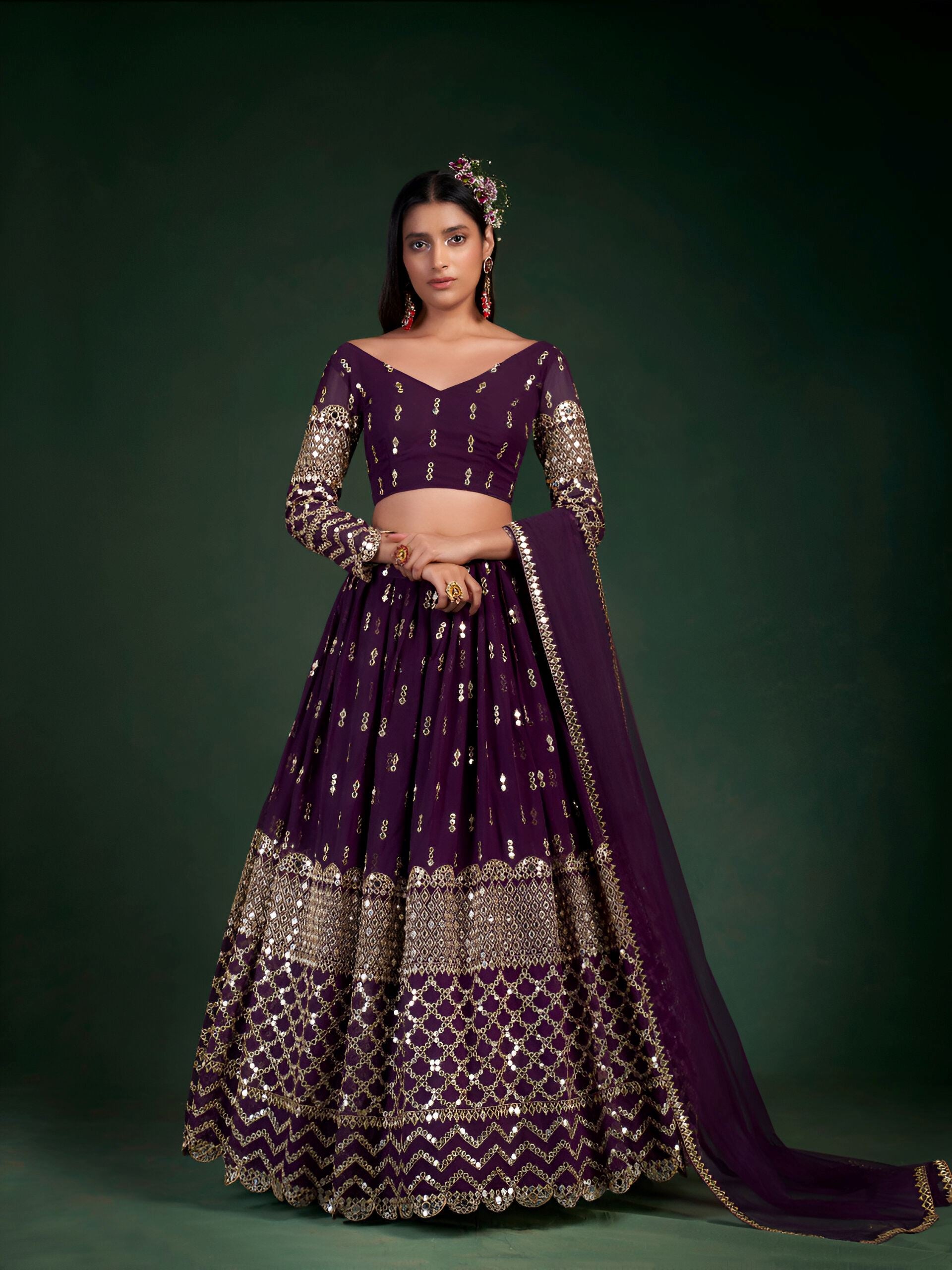 Wine Lehenga Choli with Heavy Zari Sequence Mirror work
