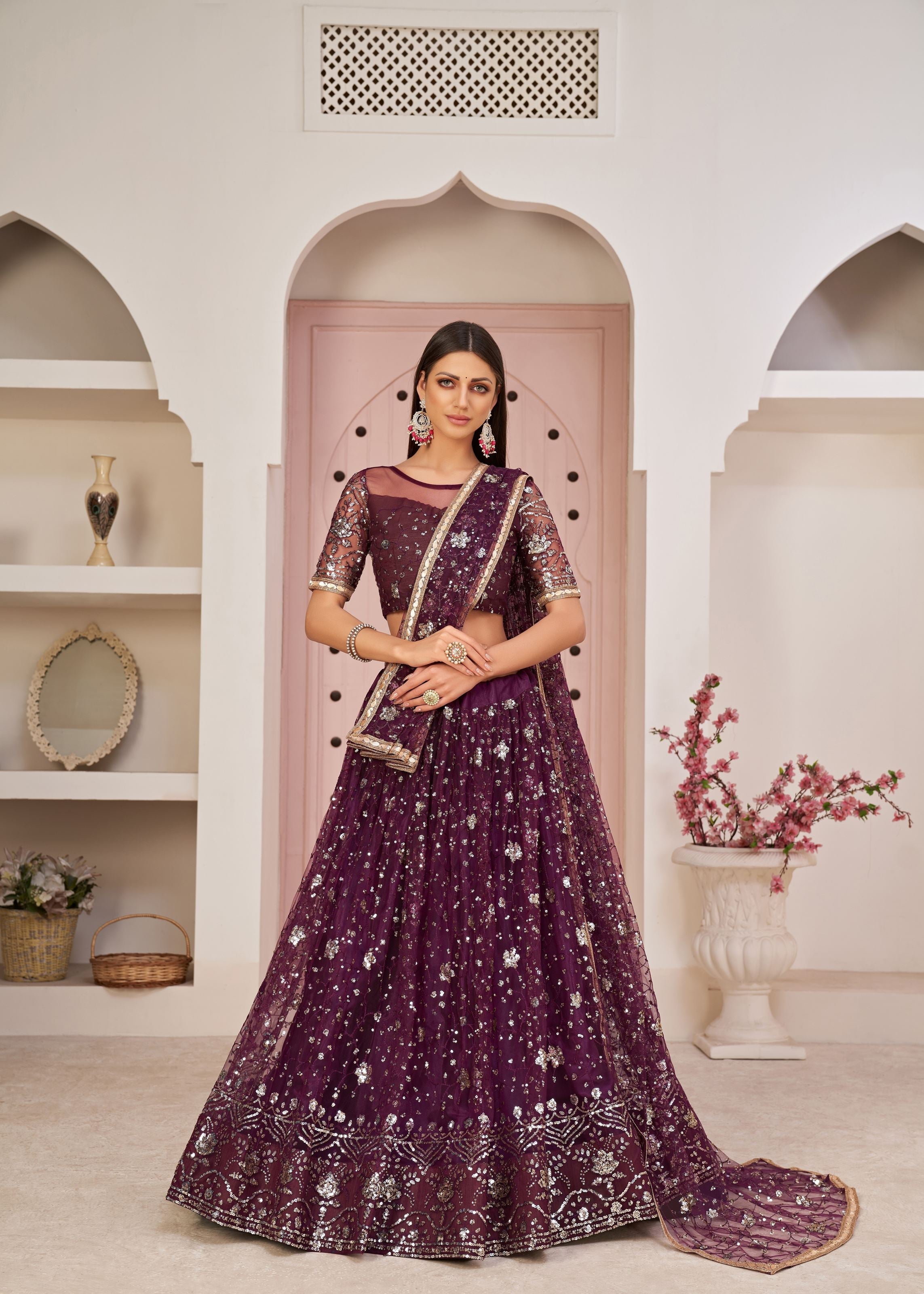 Wine Net Lehenga Choli With Thread Embroidery Work