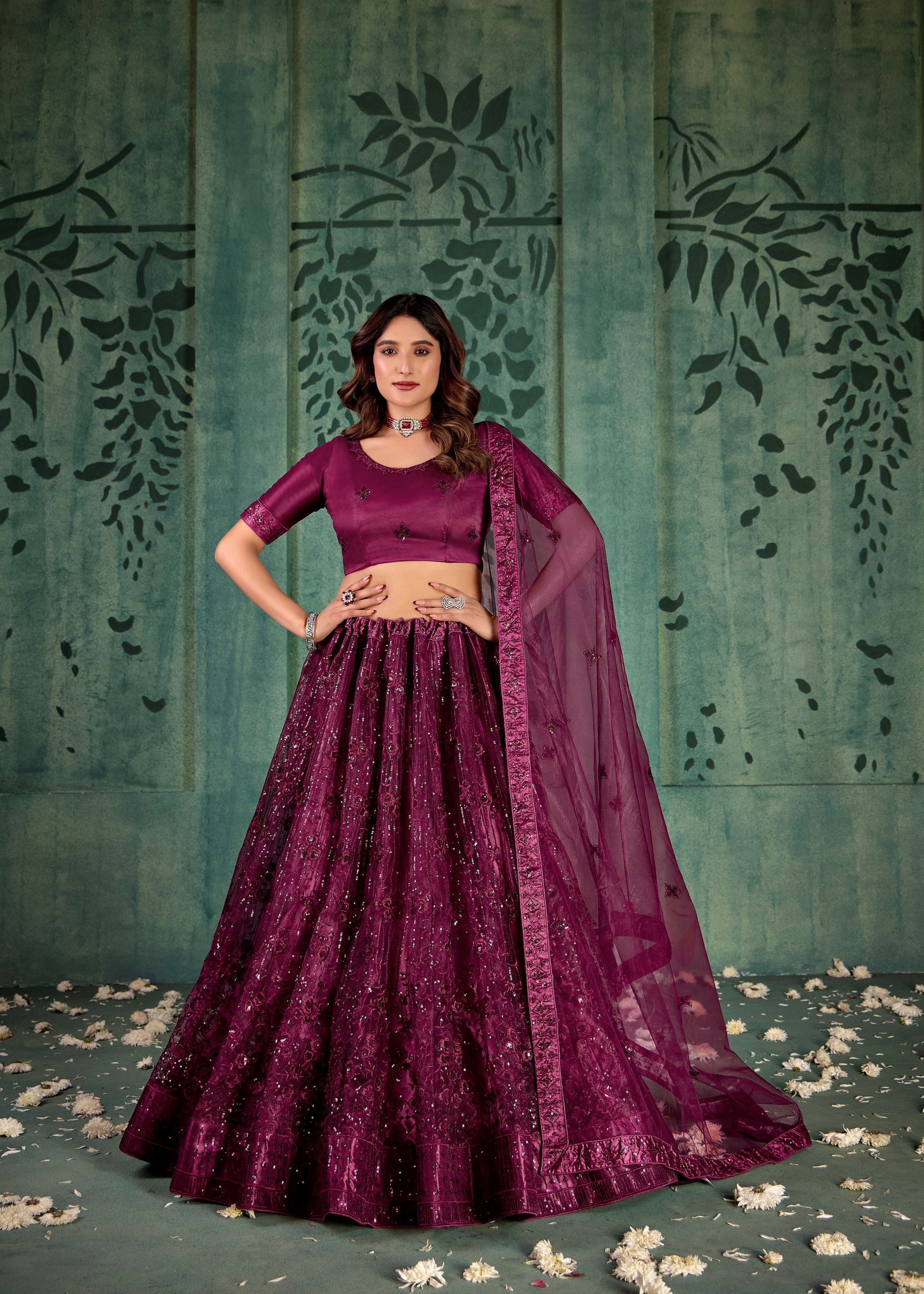 Wine Net Lehenga with Elegant Sequin Embroidery