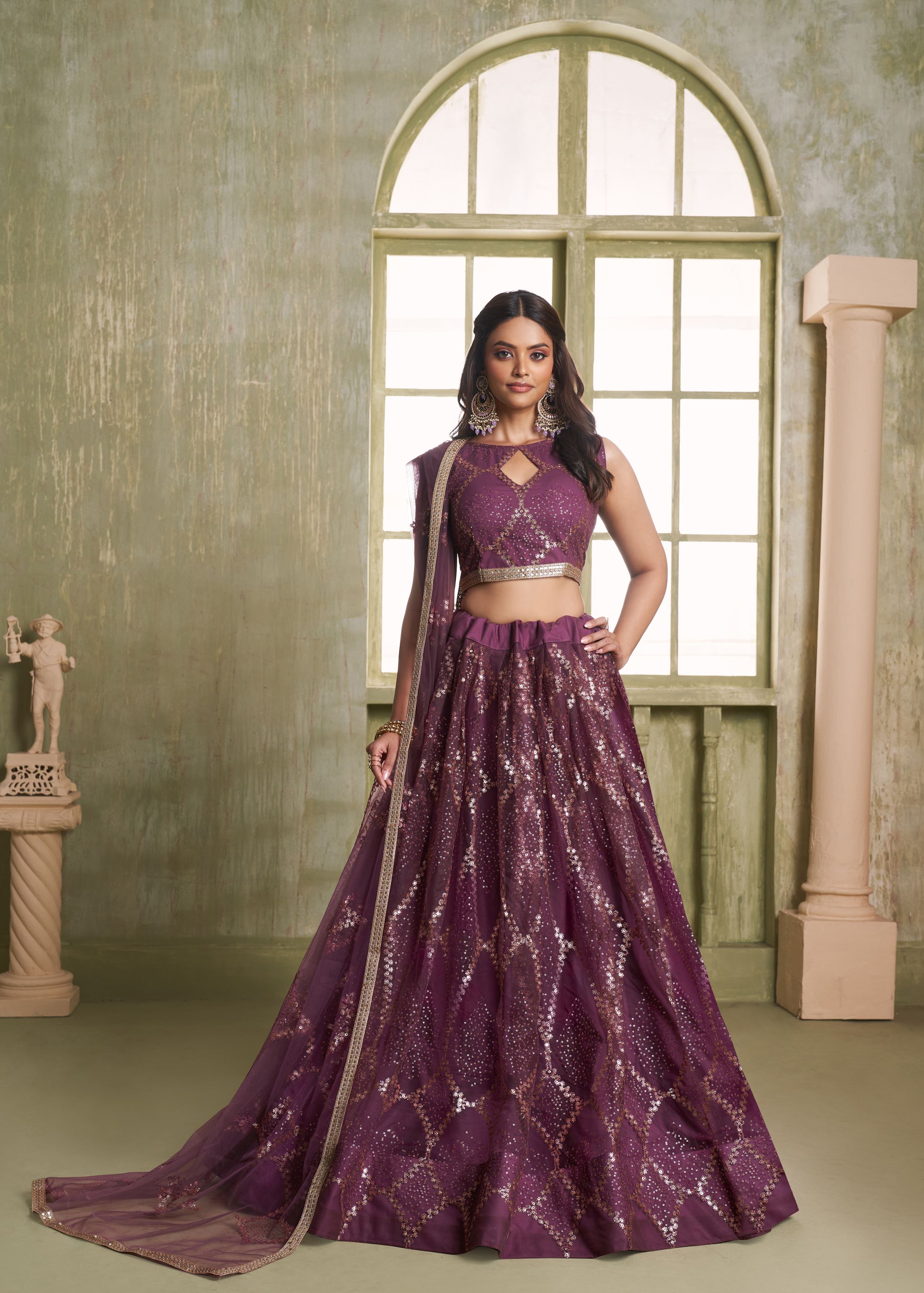 Wine Net Lehenga with Tone-to-Tone Zari Sequence Embroidery
