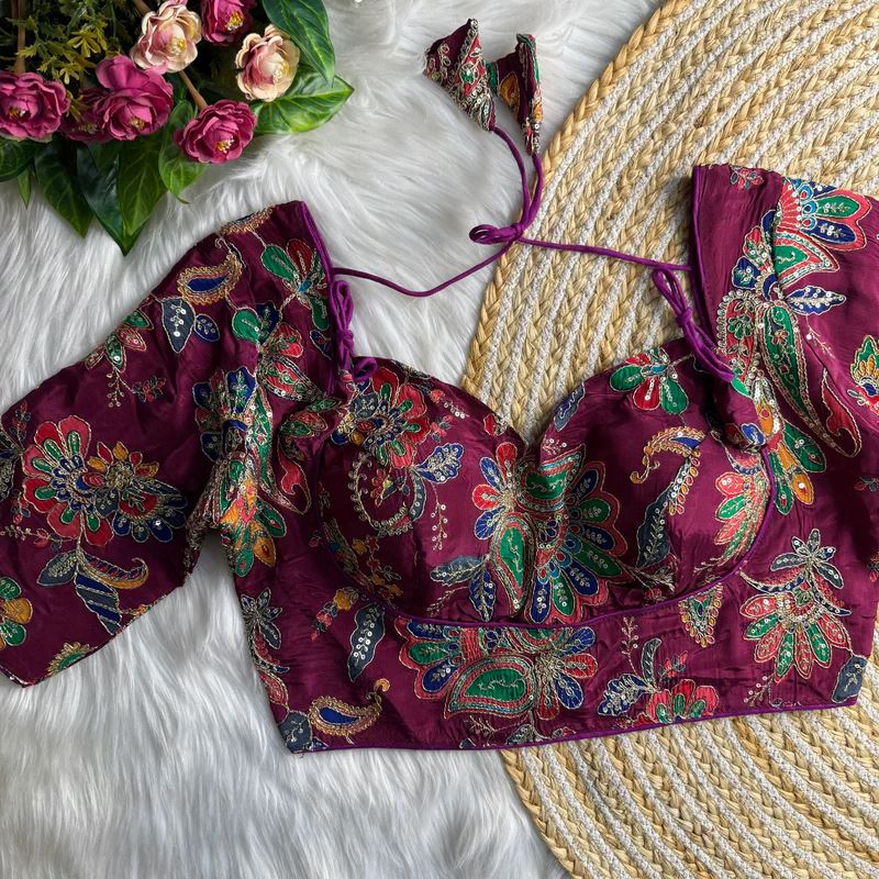 Wine Position Print Masaba Blouse With Codding Sequence Work