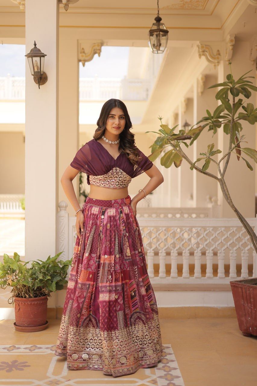 Wine Russian Silk Lehenga Choli With Digital Print With Foil Embroidery Work