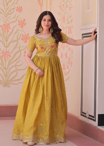 Yellow Anarkali With Heavy Multi Thread Embroidery Zari Sequins-Work