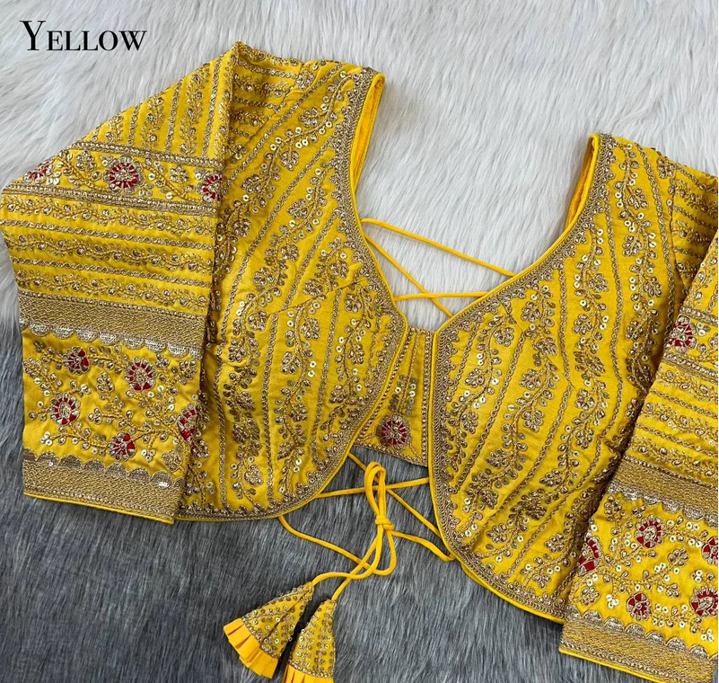 Yellow Beautiful Long Sleeves Backless Bridal Blouse With Embroidery Sequins Work