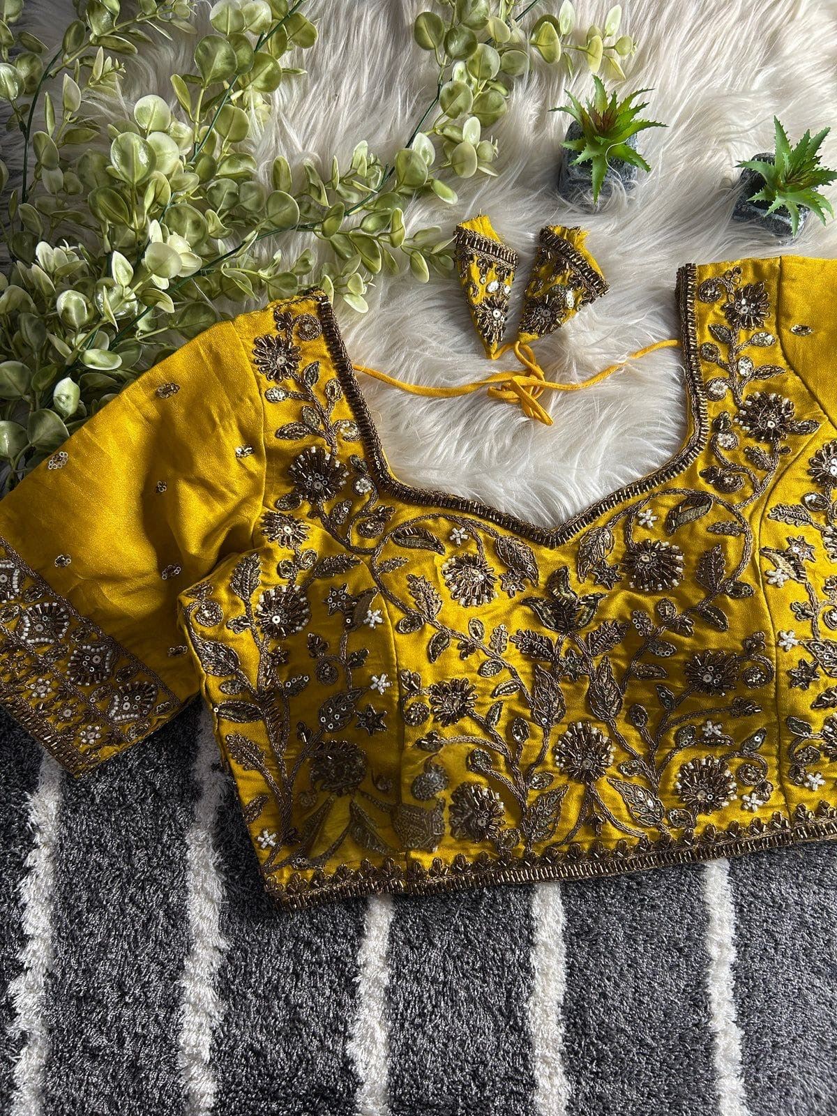 Yellow Designer Embroidered Silk Blouse with Zari & Sequin Work