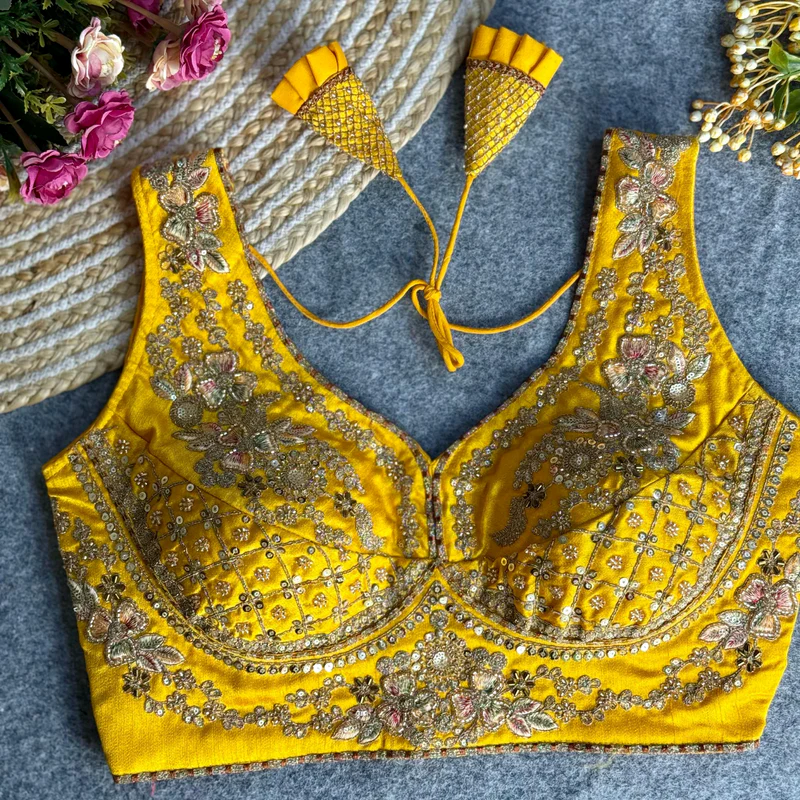 Yellow Elegant Bridal Sabyasachi Blouse with Heavy Work -12"Sleeves Attached