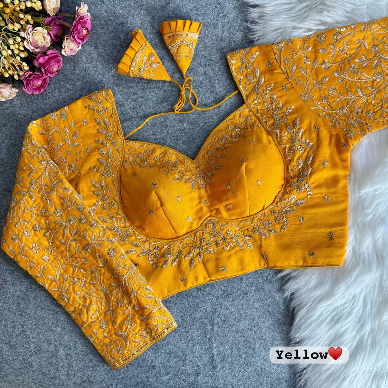 Yellow Embroidered Blouse with Puff Sleeves & Zari Work