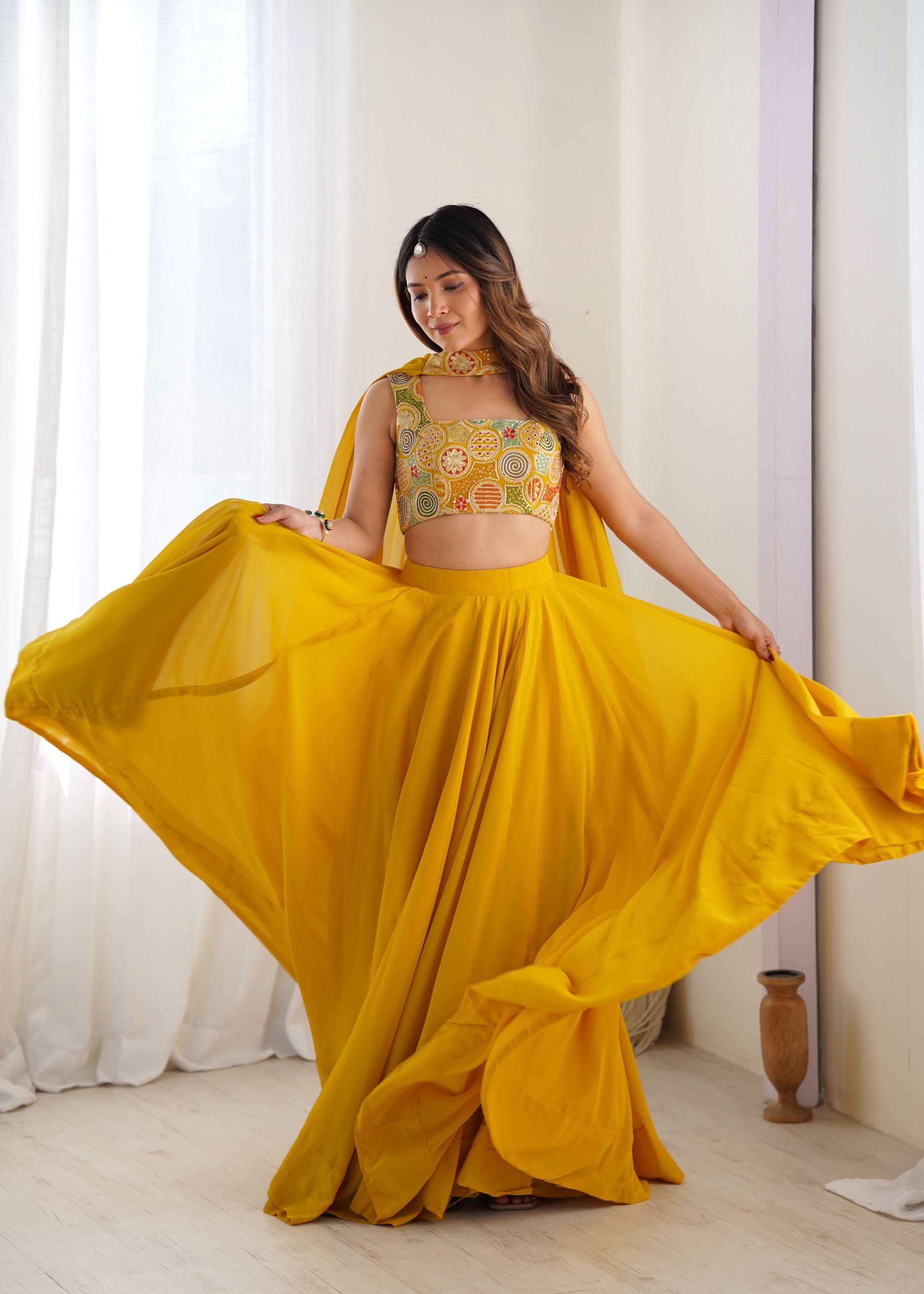 Yellow Georgette Lehenga with 9 Needle Thread Dori Embroidery