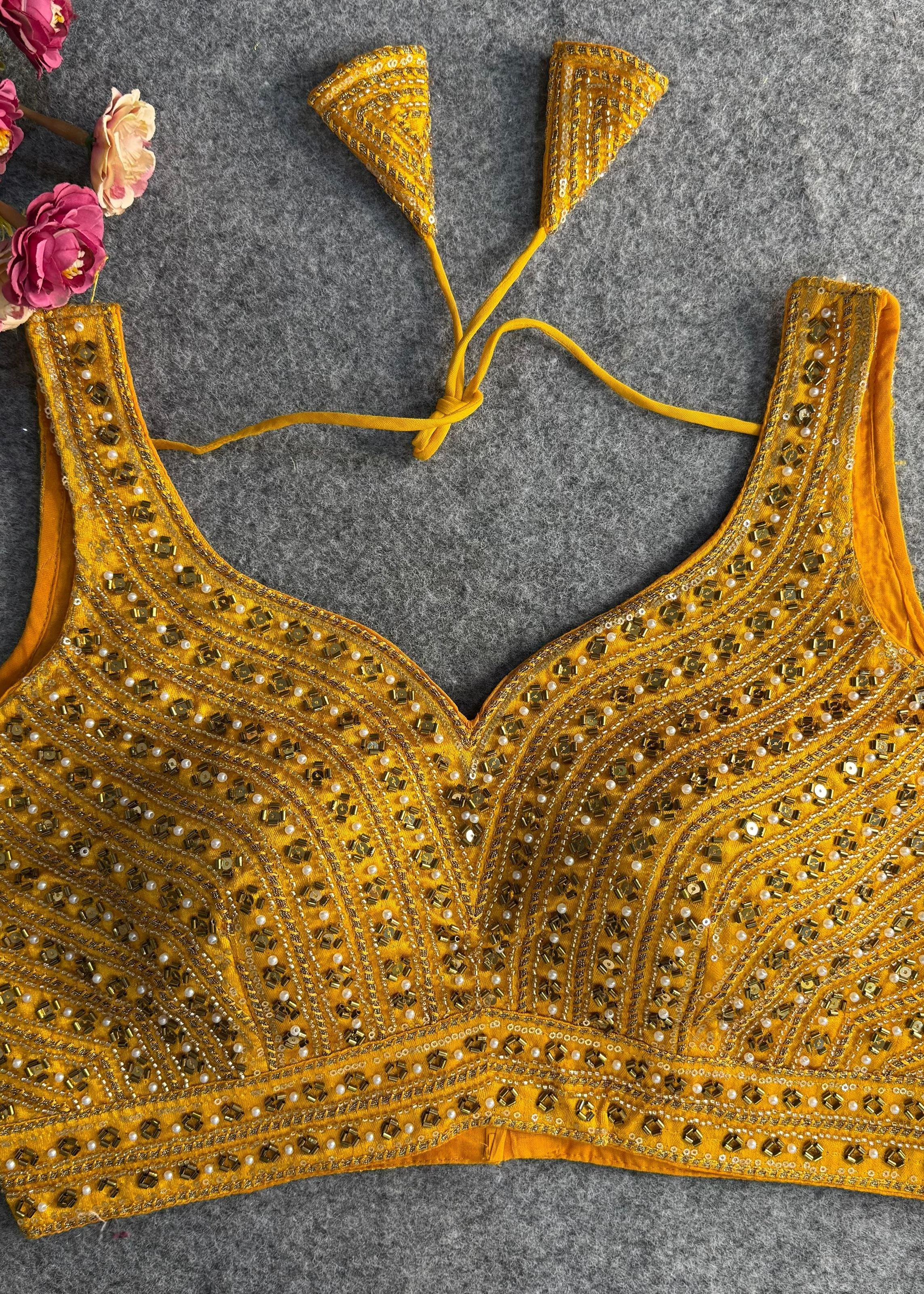 Yellow Hand Embroidered Mirror Work Designer Blouse