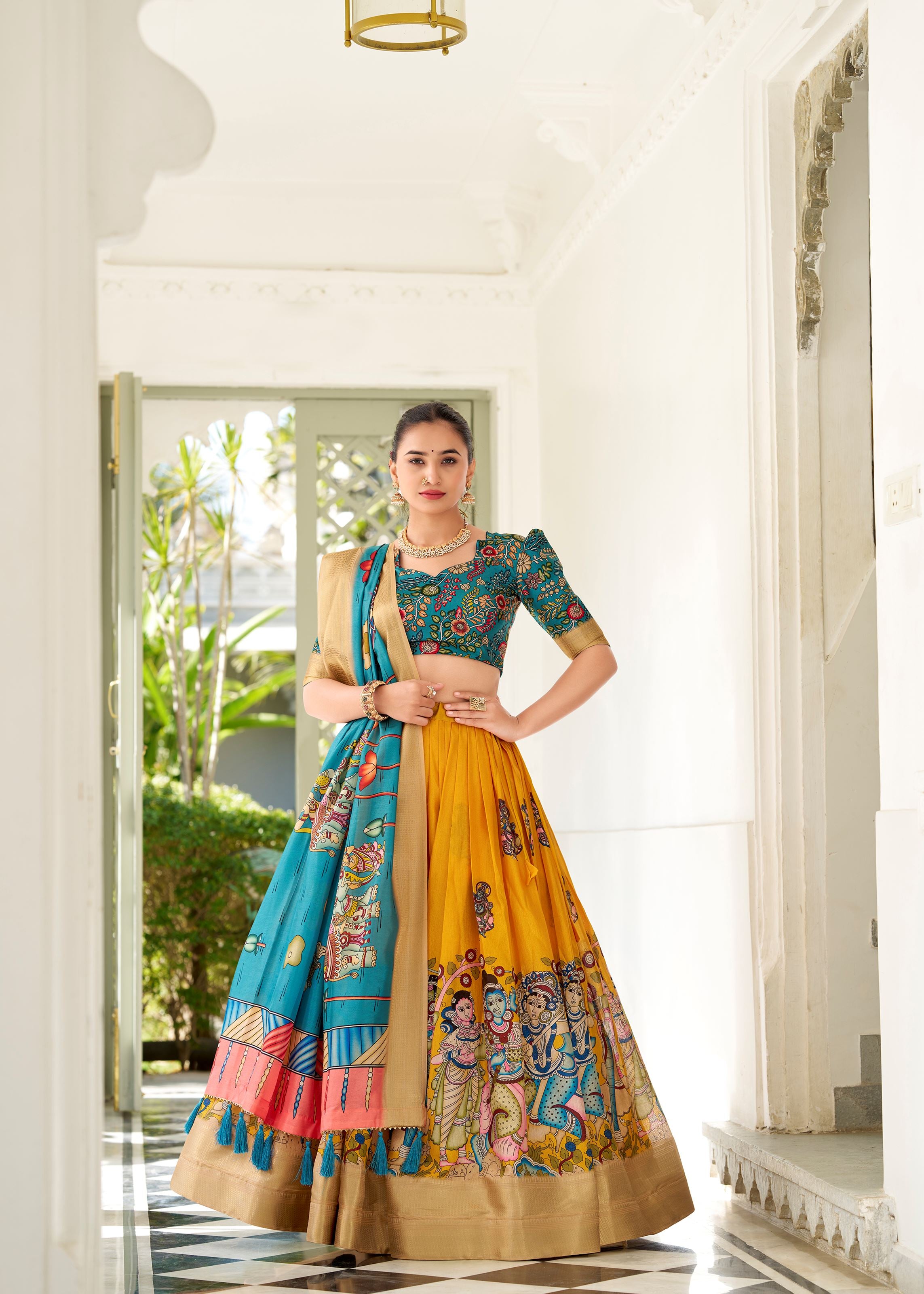 Yellow Kalamkari Charm on Luxurious Dola Silk Lehenga with Woven Borders