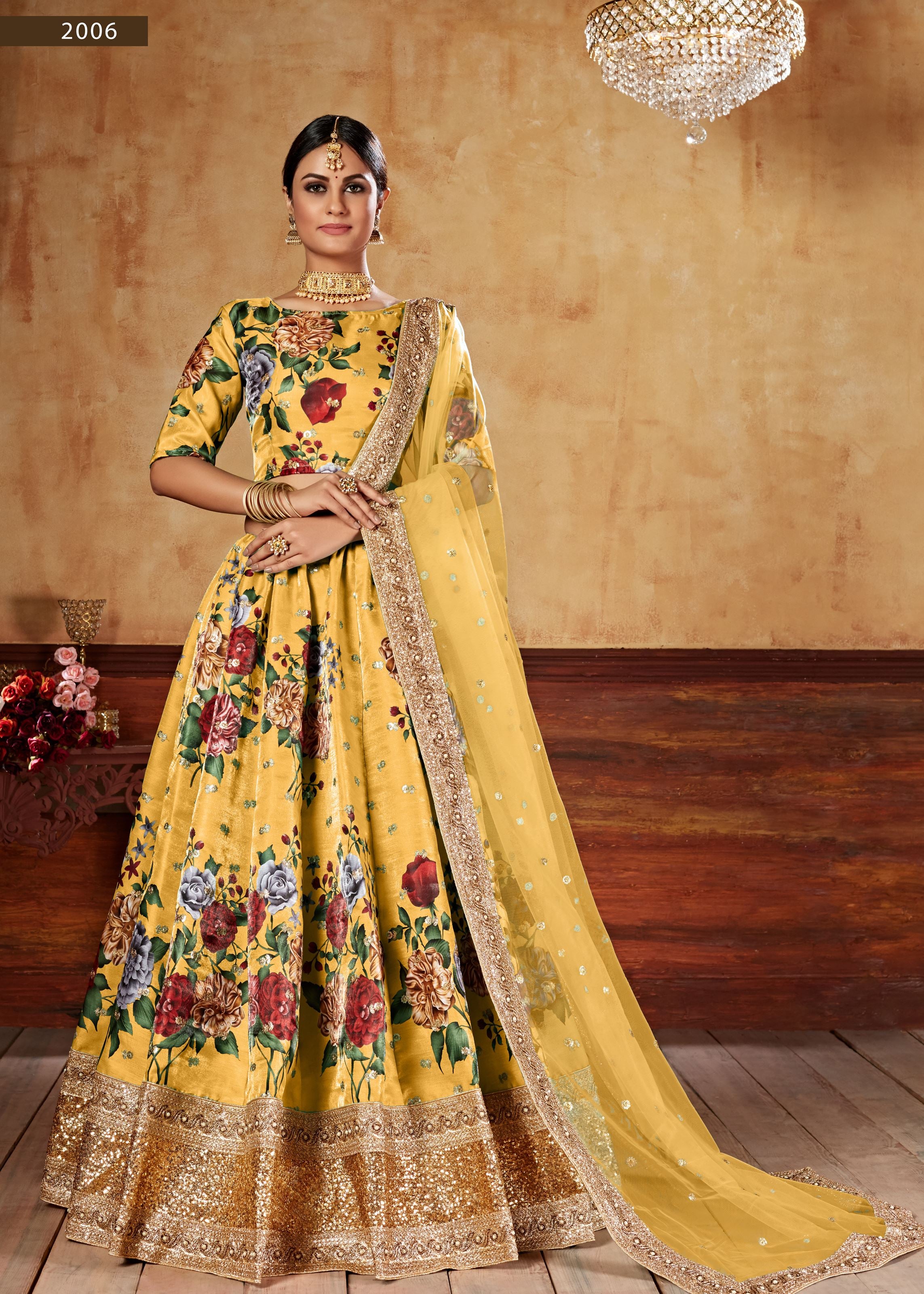 Yellow Lehenga Choli With Digital Print And Dori With Jari Sequins Butti,Embroidered Border And Pearl Work