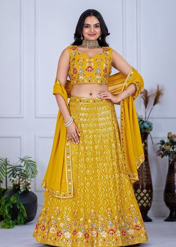 Yellow Lehenga Choli With Embroidery With Multi Thread Sequence Work