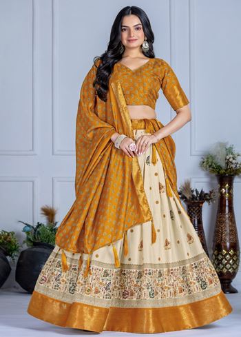 Yellow Lehenga Choli With Jacquard With Jari Lining With Print