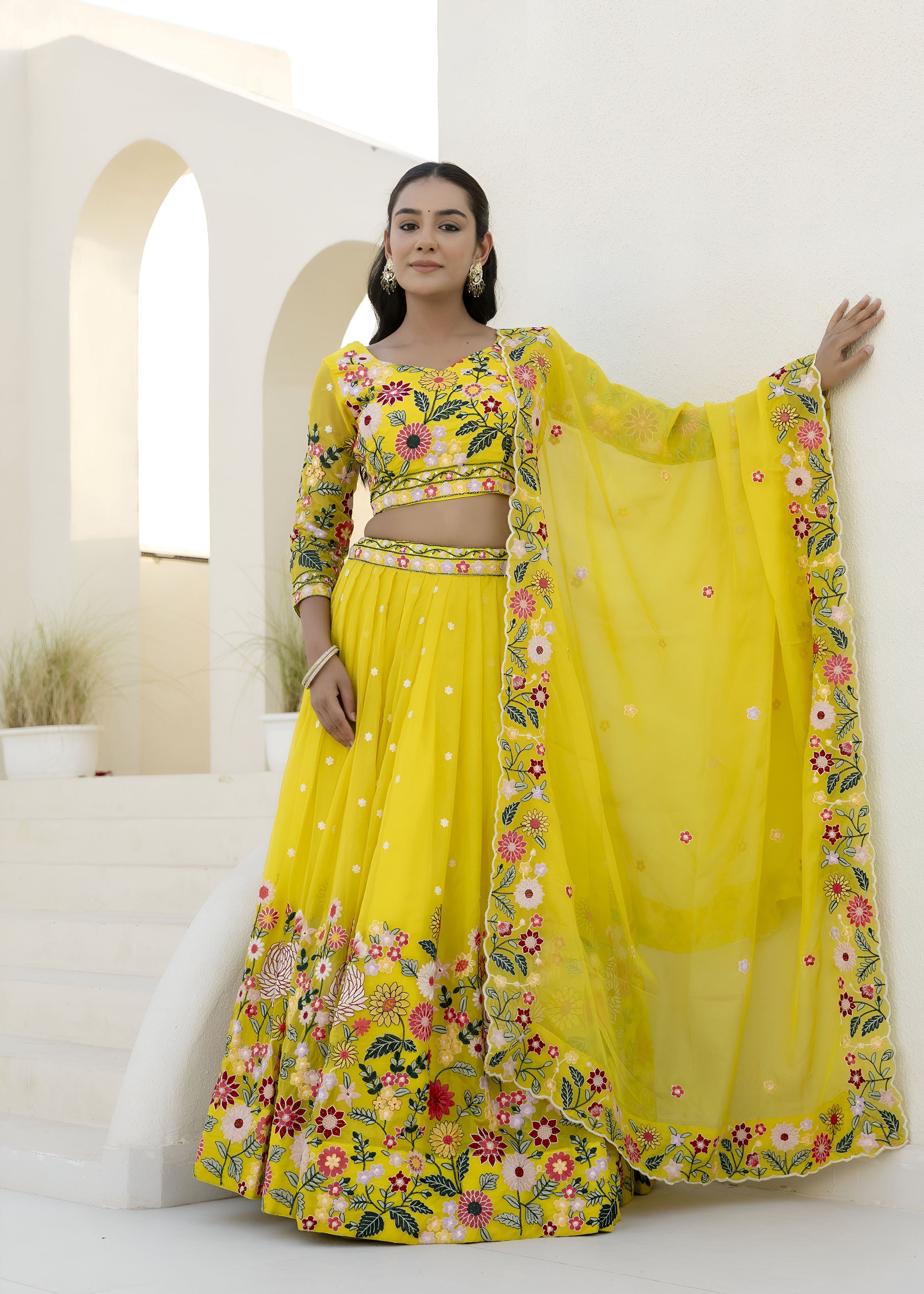 Yellow Lehenga Choli with Heavy Embroidery, Sequence work