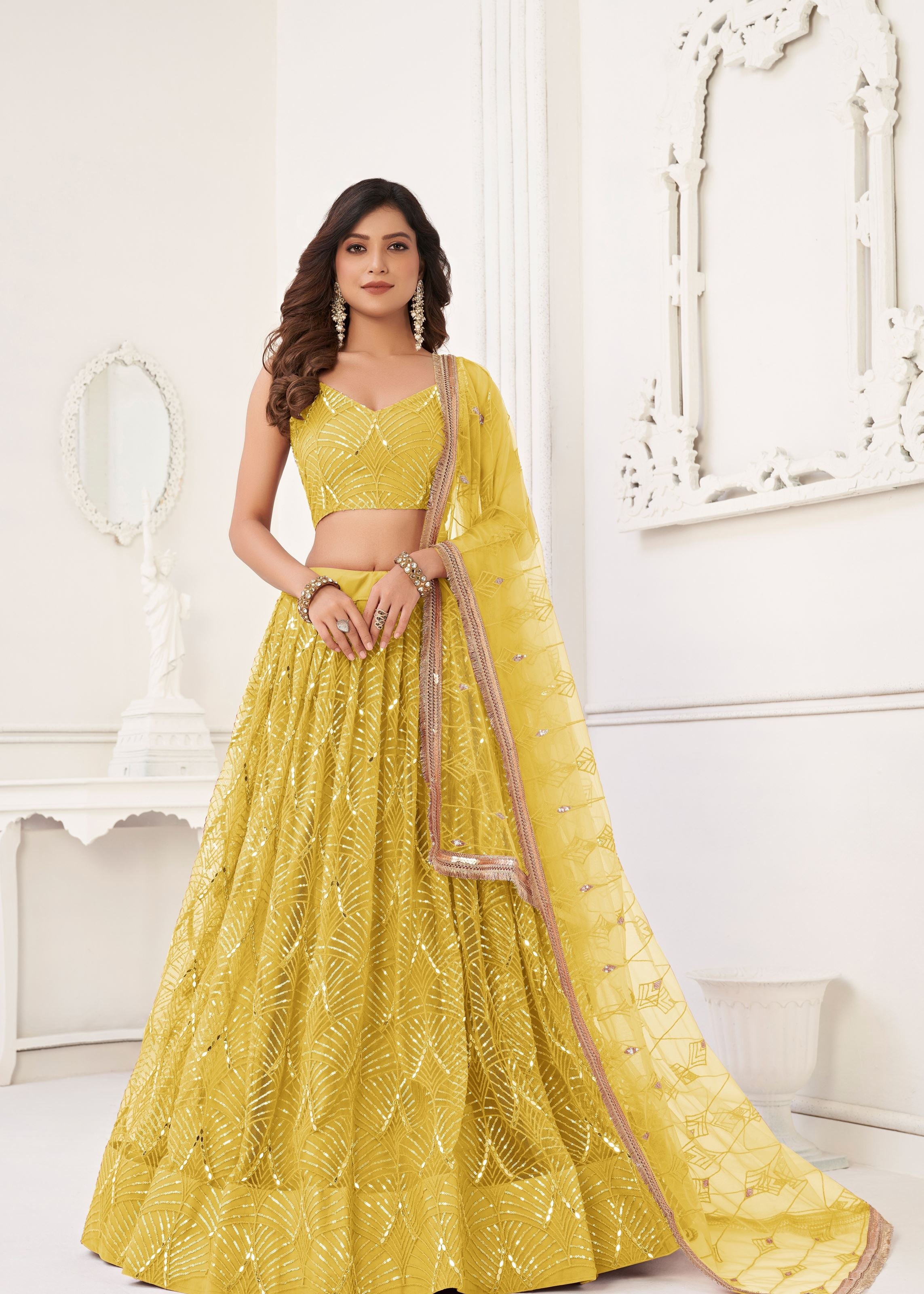 Yellow Net Lehenga Choli With Thread Embroidery Real Mirror Work