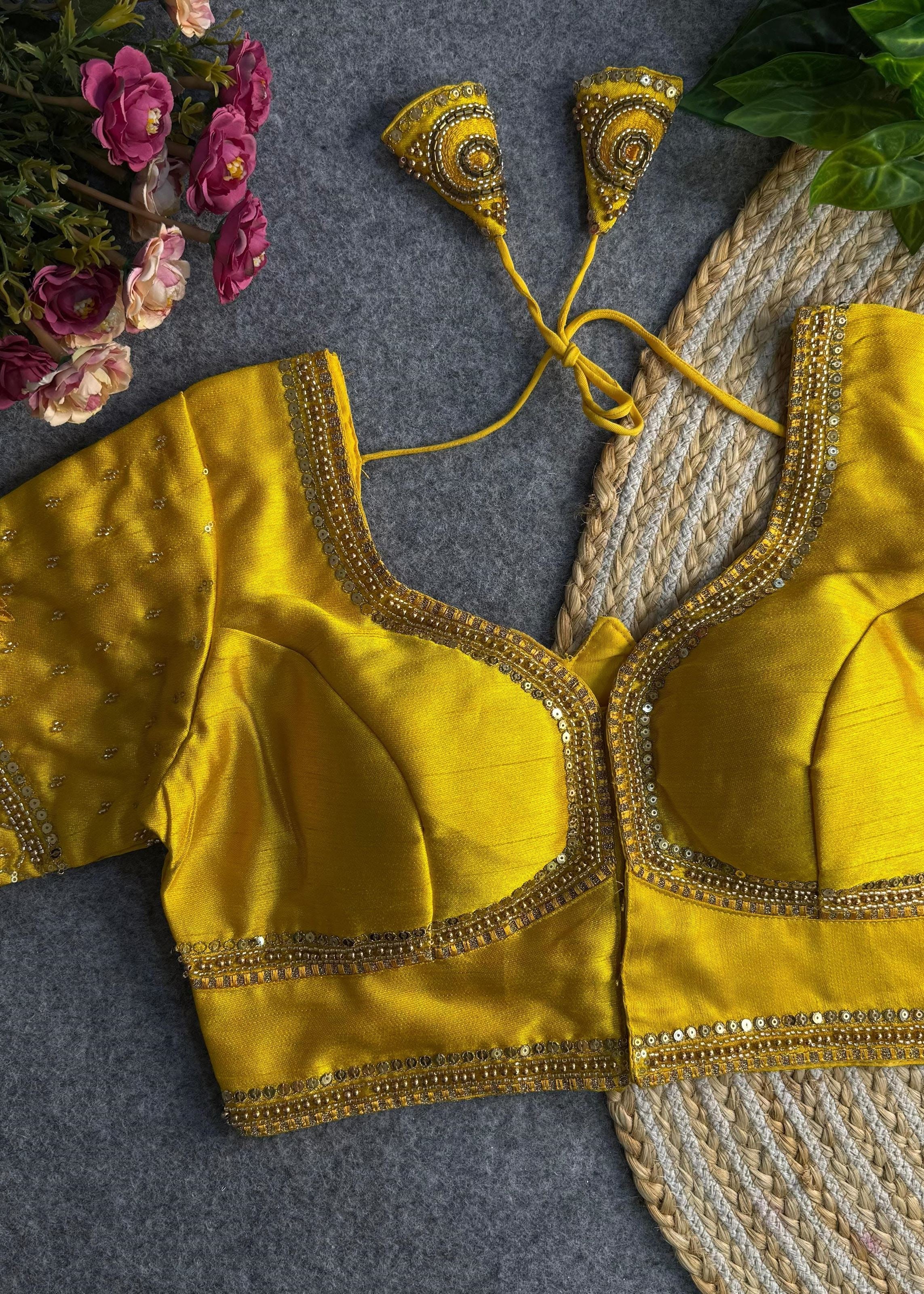 Yellow Sabyasachi-Inspired Heavy Bridal Blouse with Exquisite Lotus Beads Embroidery