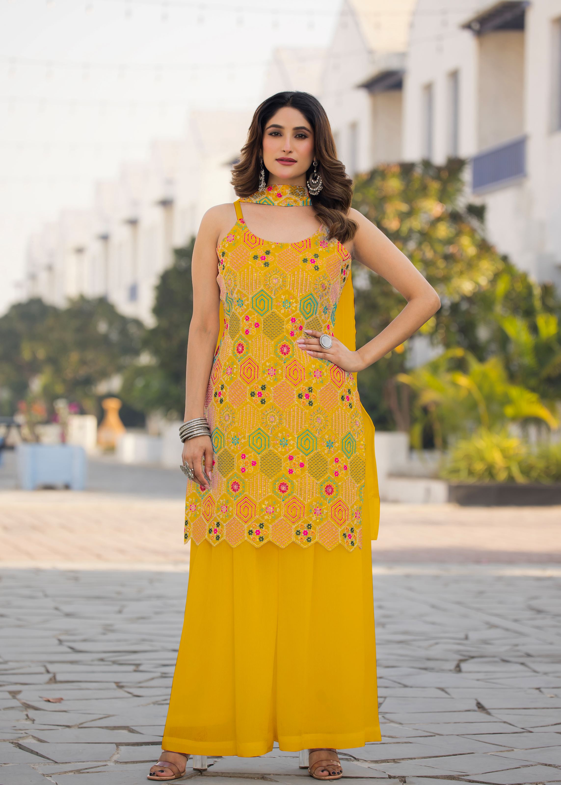Yellow Sharara Dress With Embroidery Work