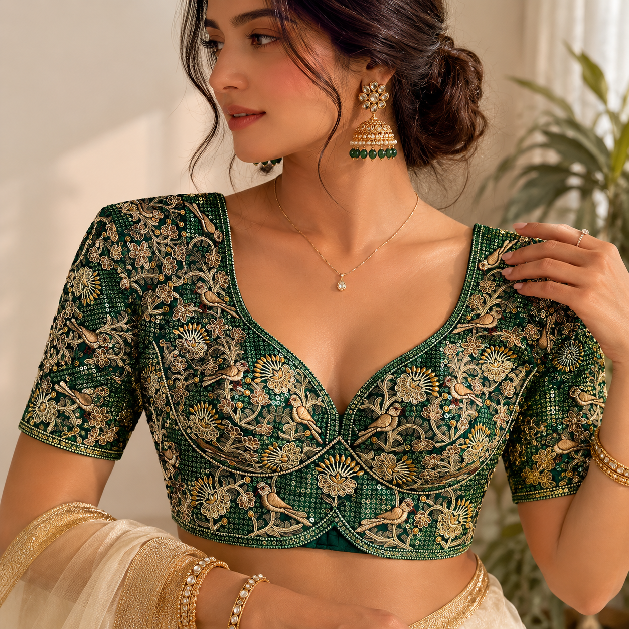 Bottle Green Luxury Bird Motif Bridal Blouse Roman Silk Designer Wedding Wear