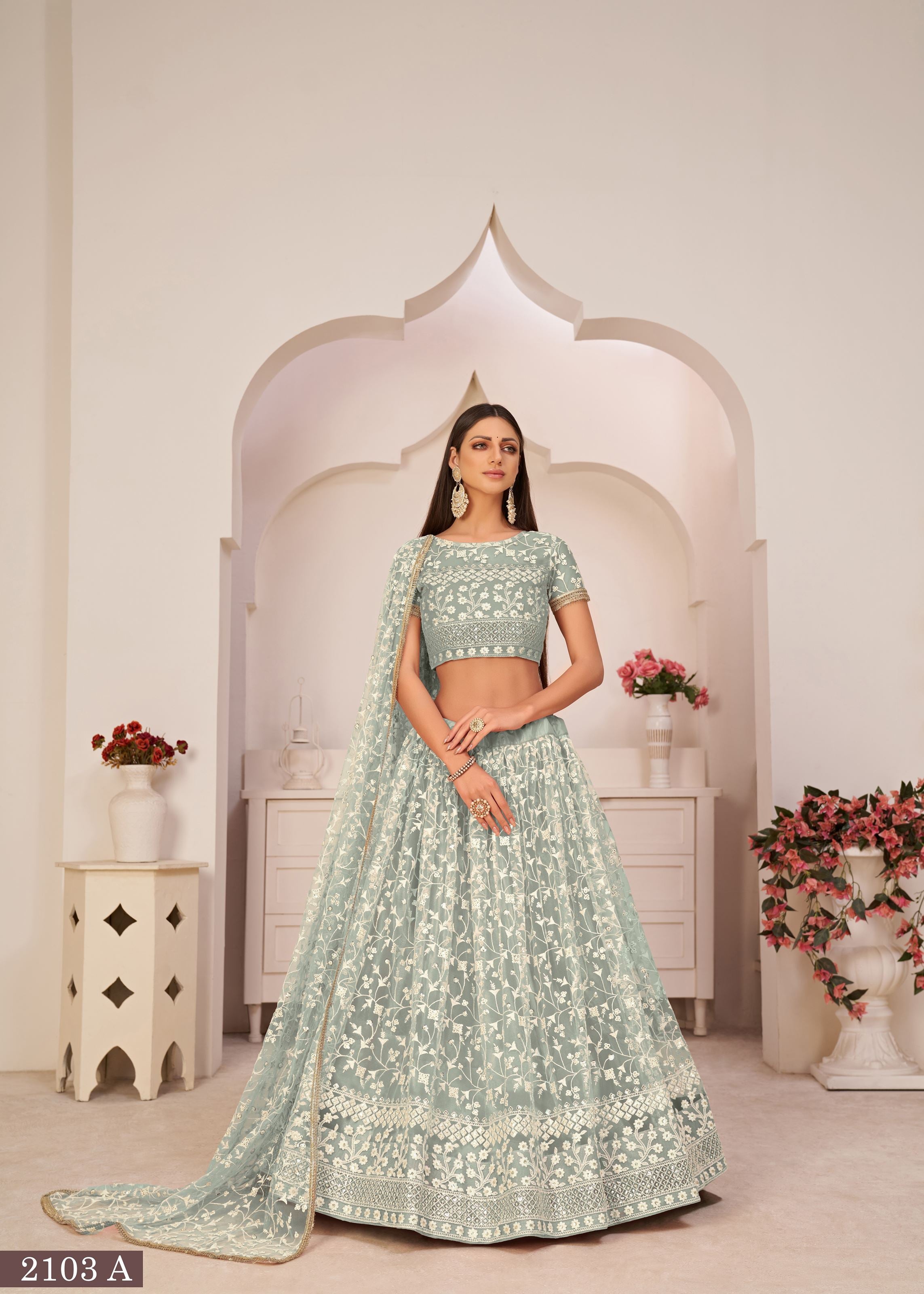 Green Net Lehenga Choli With Thread And Zari Sandwich Sequence Embroidery Work