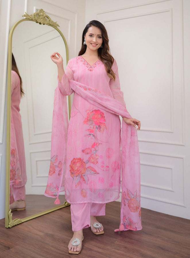 Light Pink Premium Organza Kurta Pant With Printed With Thread Embroidery Work