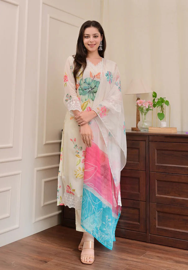 Cream Kurta Pant Set With Print With Thread Embroidery Work