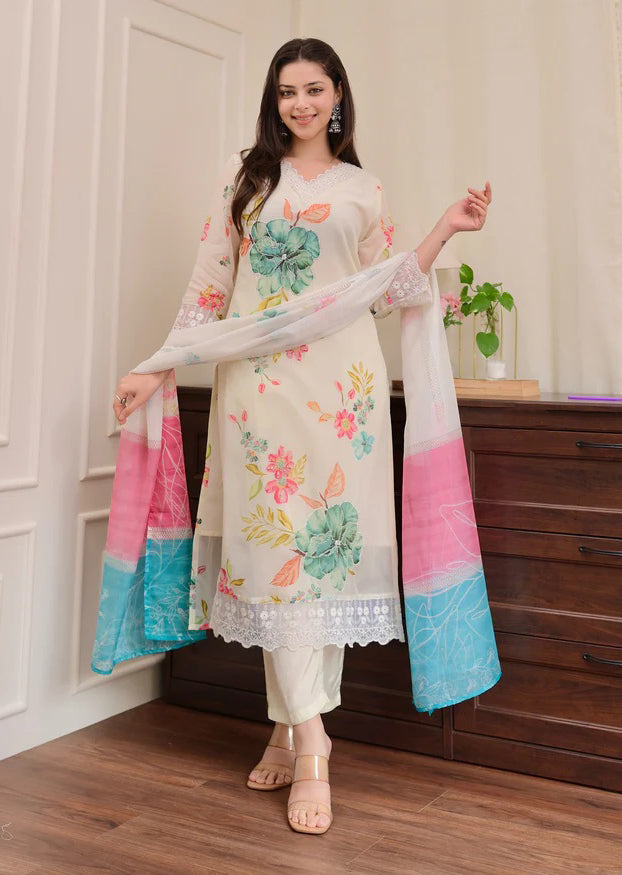 Cream Kurta Pant Set With Print With Thread Embroidery Work