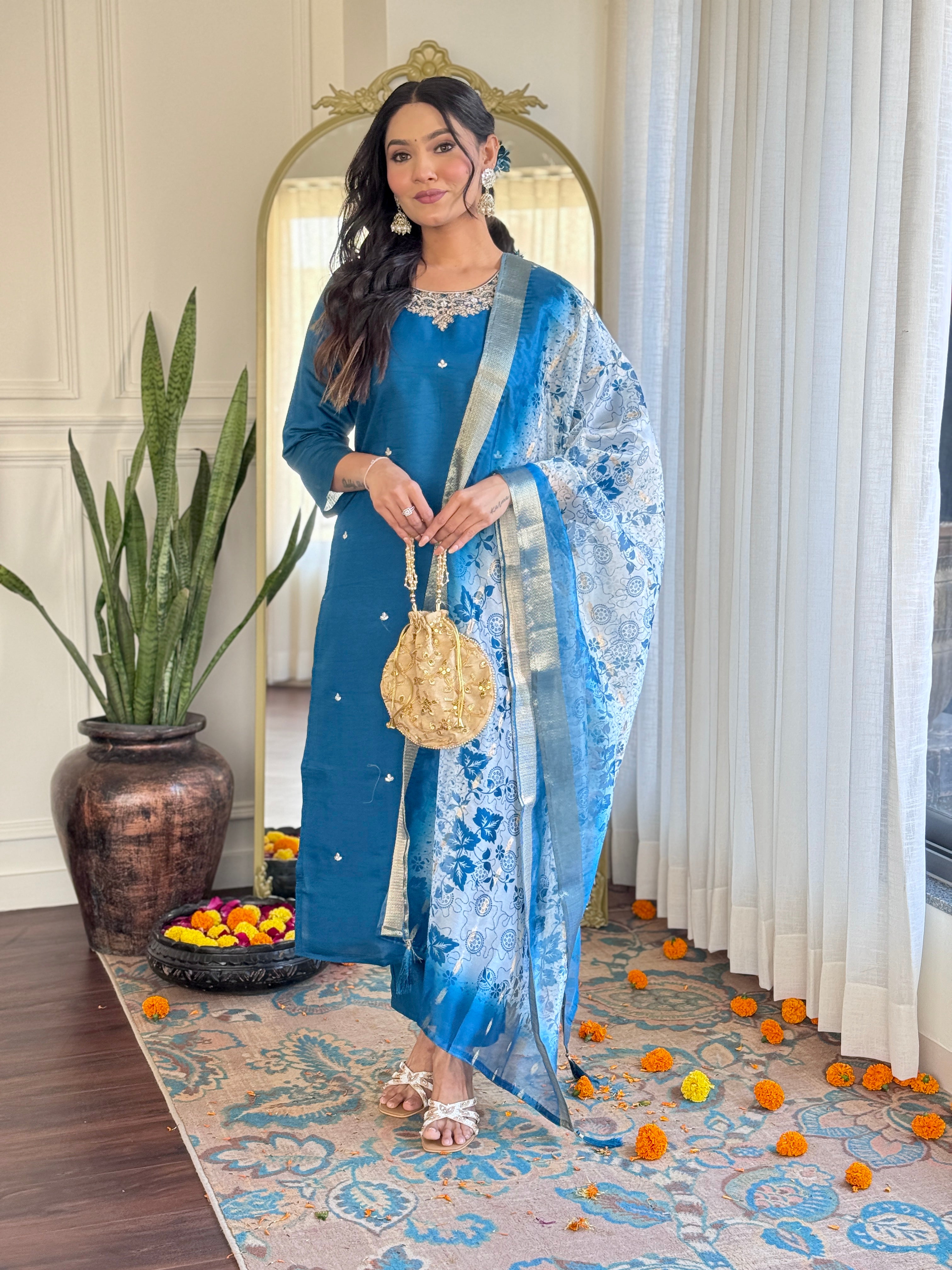 Blue Roman Silk Kurta Pant with Heavy Thread Embroidery Work With Printed Dupatta