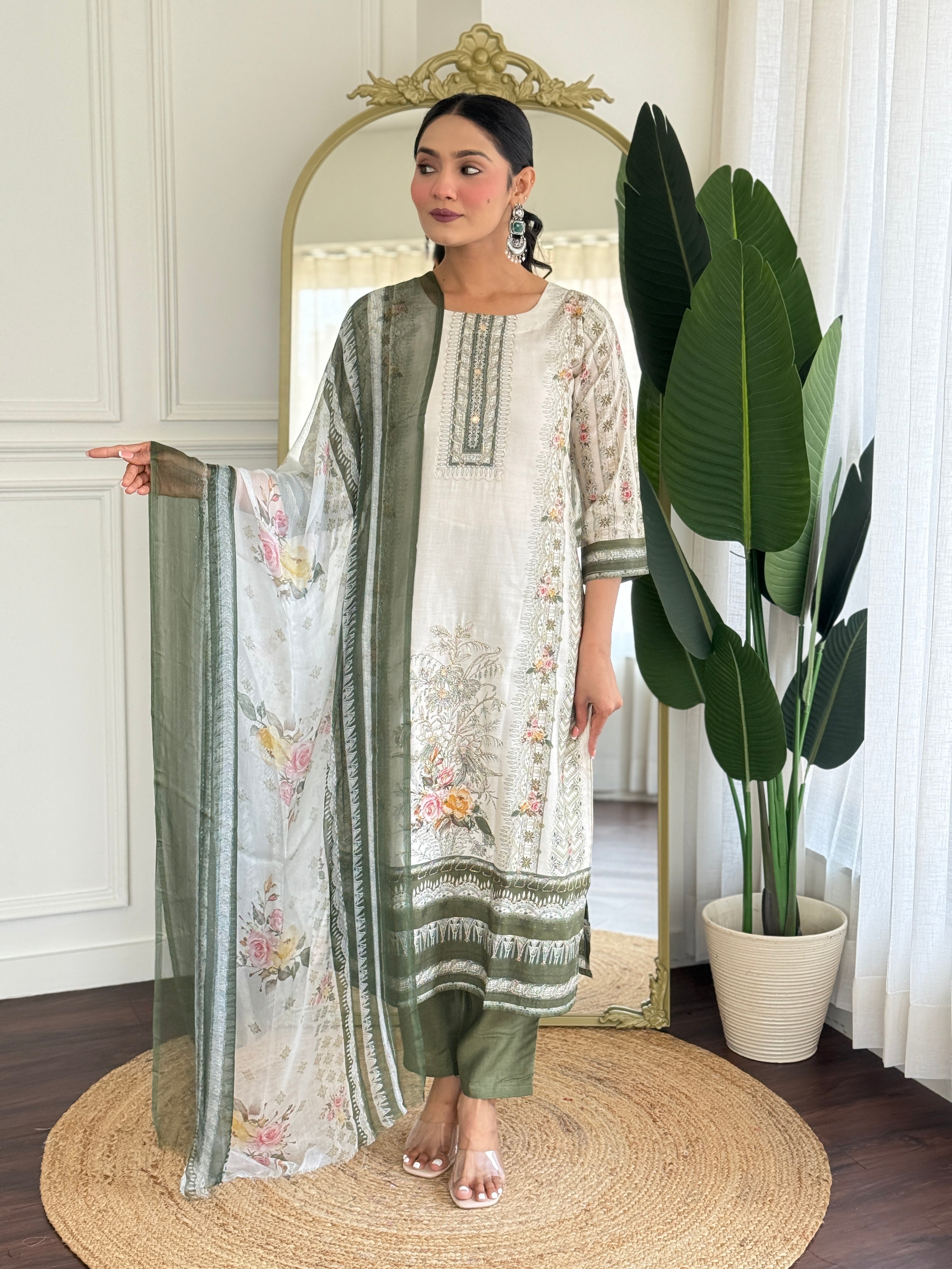 Off White Viscose Modal Kurta Pant with Print With Hand Work