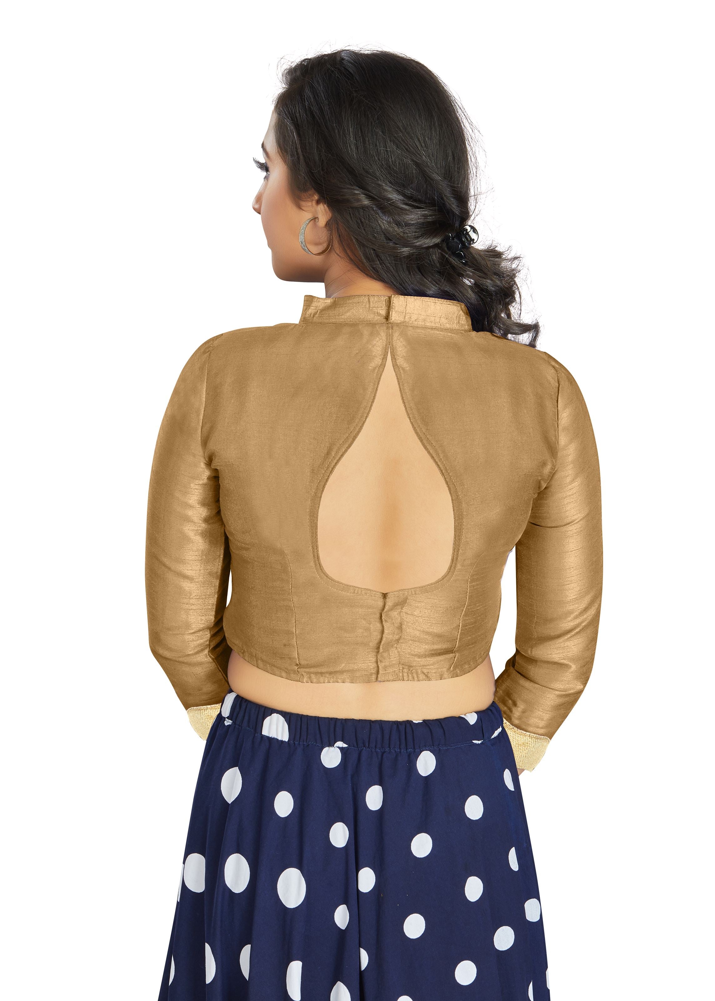 Beige Art Silk V Neck Chinese Collar Blouse With Matty In Sleeve