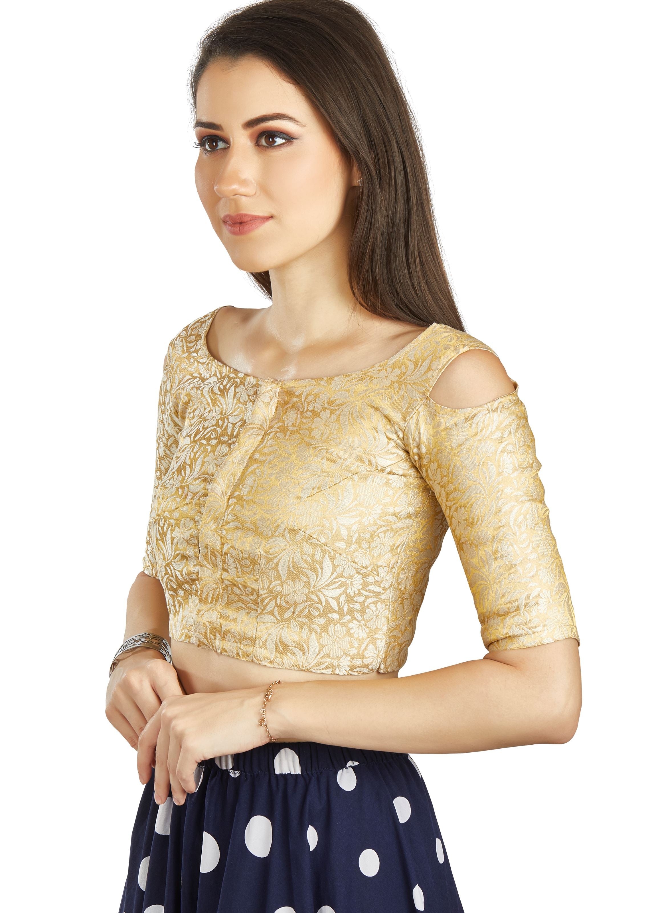 Beige Brocade Boadt Neck Blouse With Cold Sleev