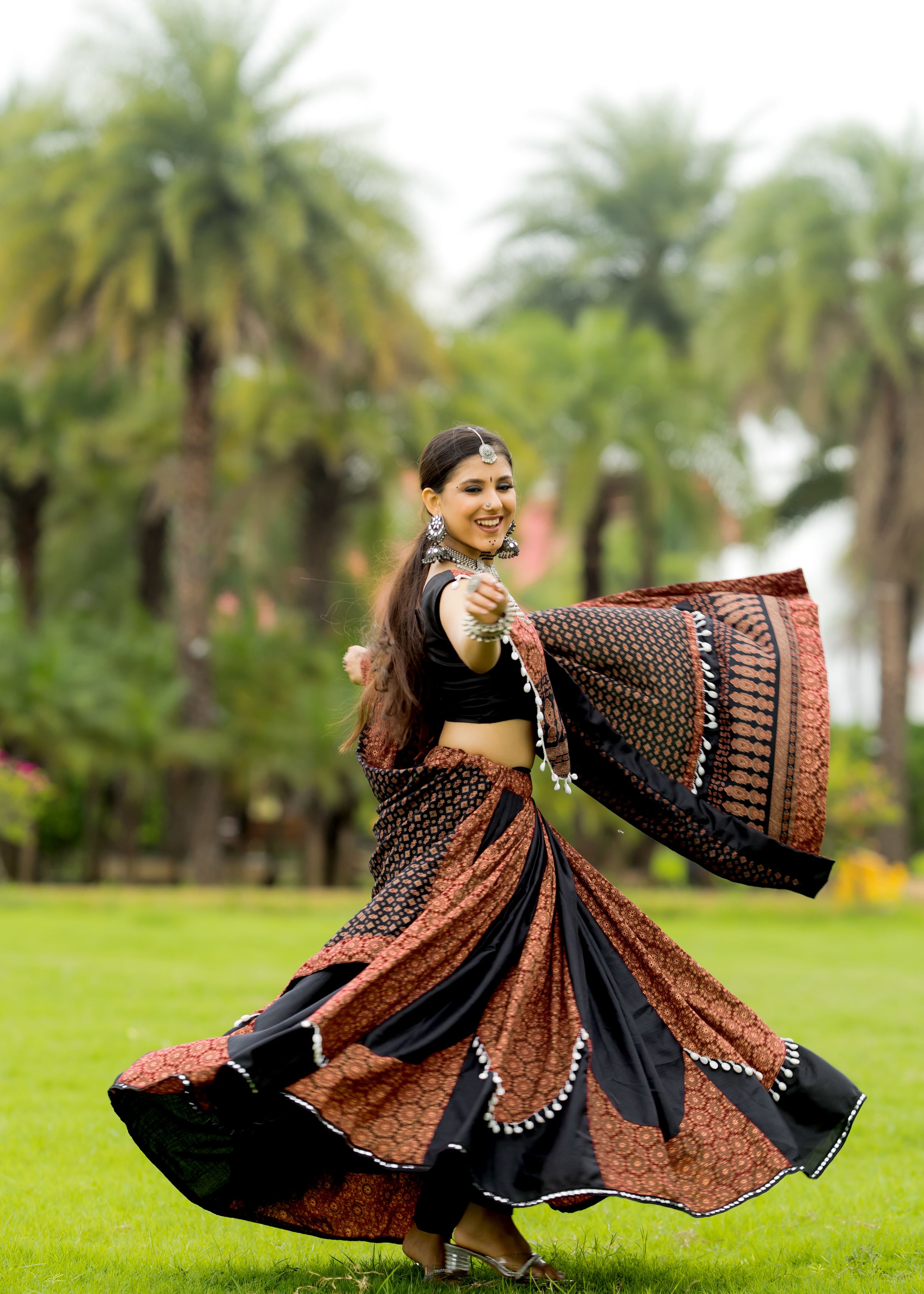 Black And Maroon Printed Navratri Chaniya Choli With Cowrie Work