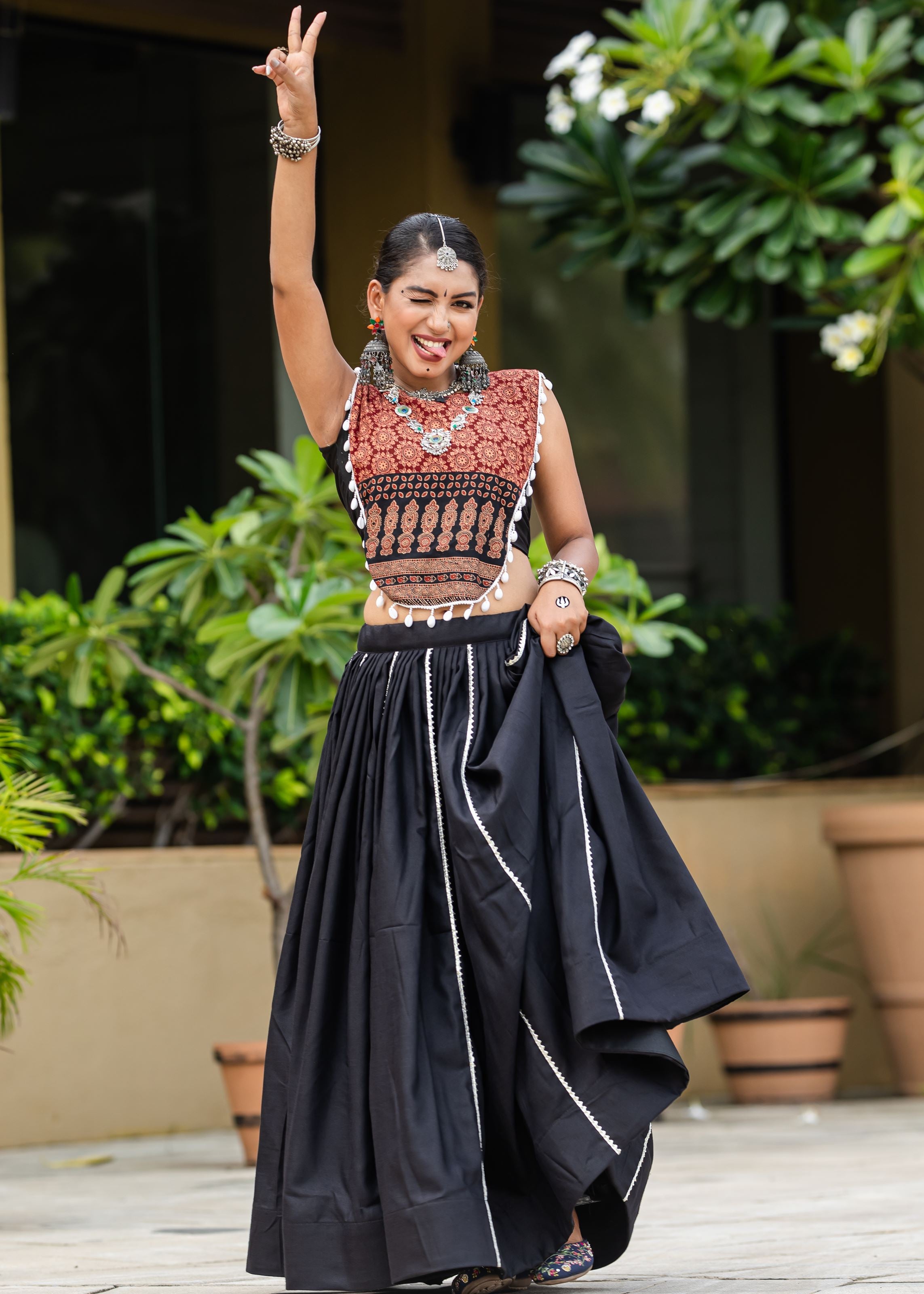 Black And Maroon Printed Navratri Chaniya Choli With Cowrie Work