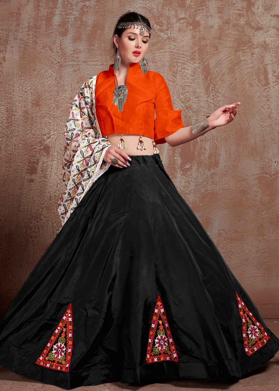 Black And Orange Navratri Chaniya Choli With Gamthi Work Butta And Tassels Lace