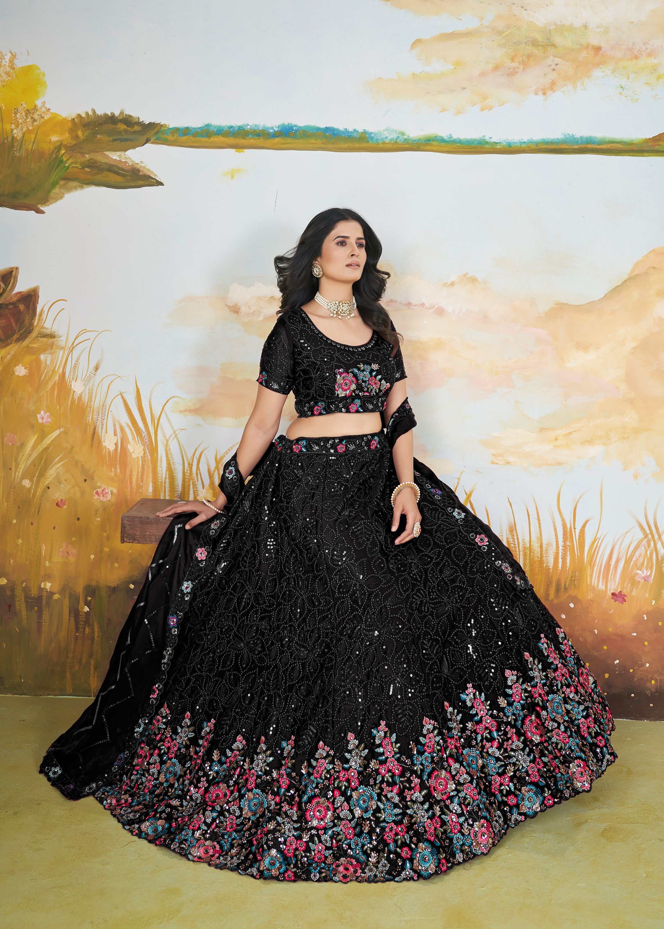 Black Chinnon Lehenga with Copper Sequins Multi Thread Embroidery