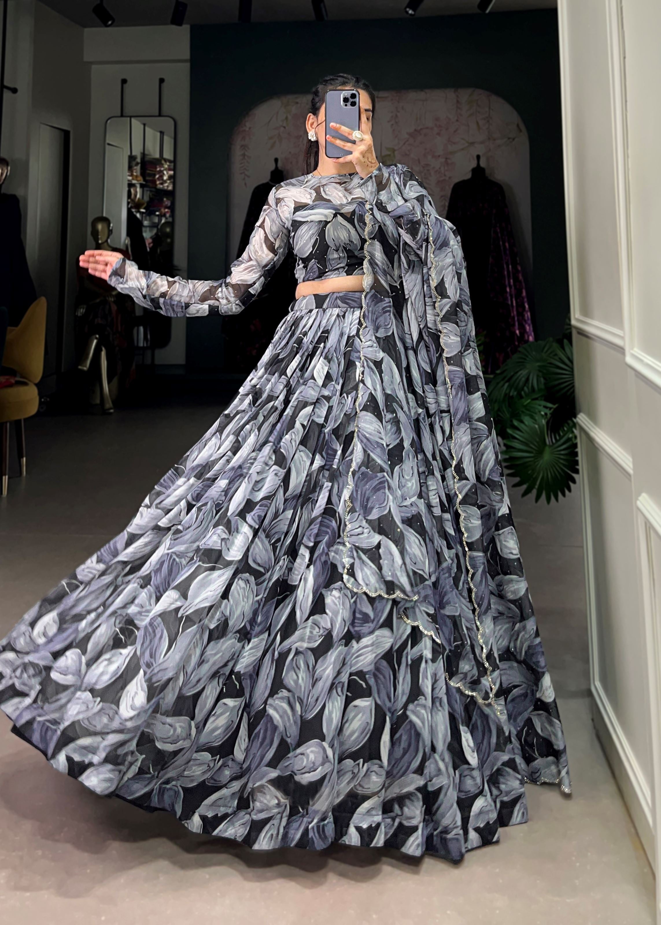 Black Elegance Printed Tabby Silk Lehenga with Hotfix Work