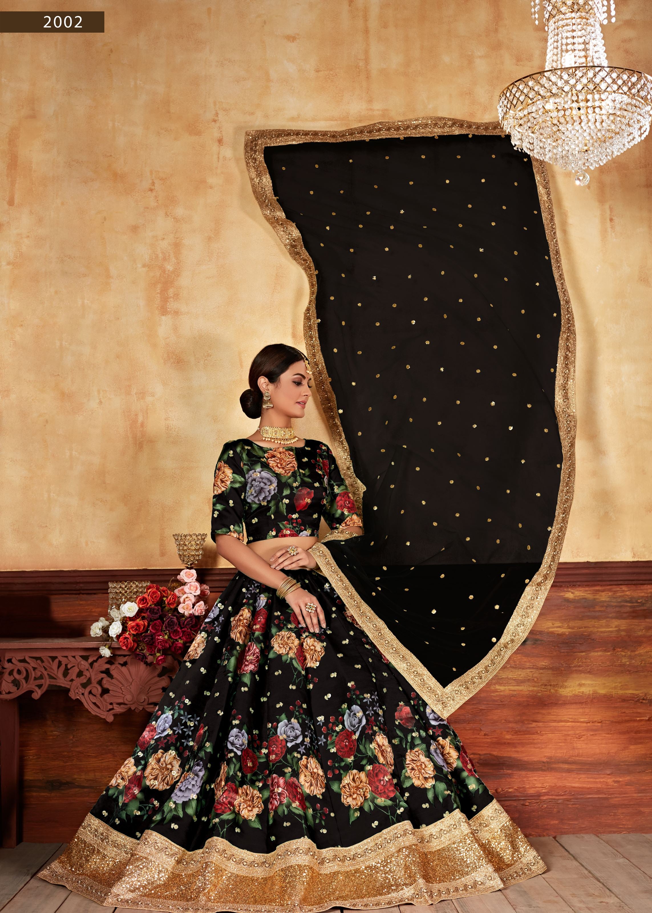 Black Lehenga Choli With Digital Print And Dori With Jari Sequins Butti,Embroidered Border And Pearl Work