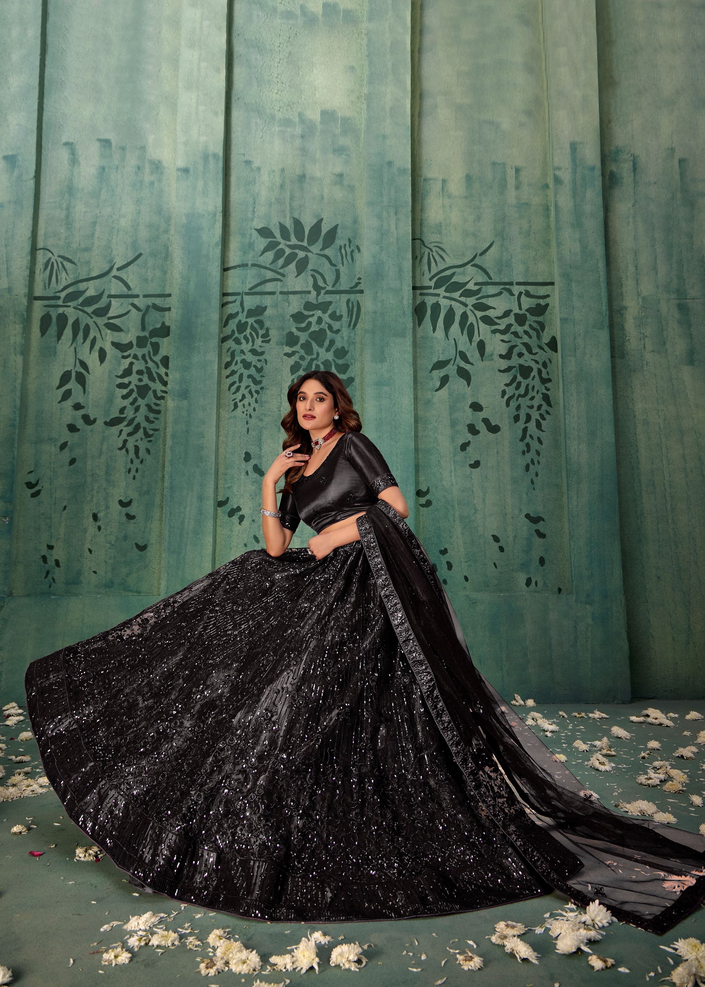 Black Net Lehenga with Sparkling Sequin Embroidery