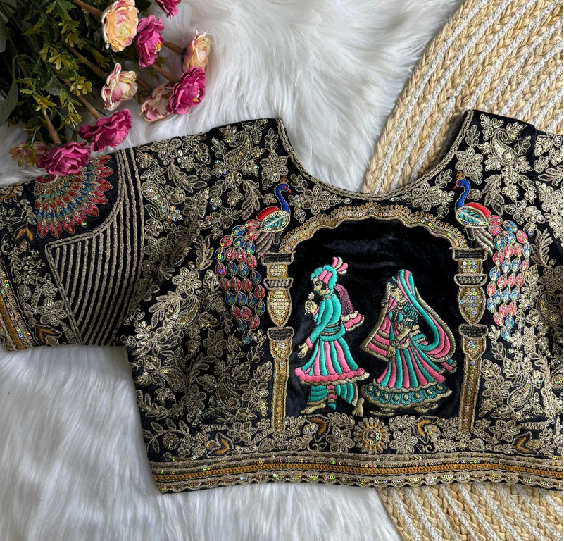 Black Royal Rajwadi Velvet Wedding Blouse with Dulha Dulhan Embroidery