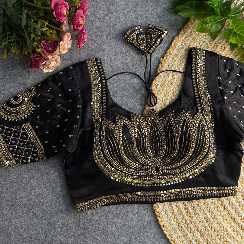 Black Sabyasachi-Inspired Heavy Bridal Blouse with Exquisite Lotus Beads Embroidery